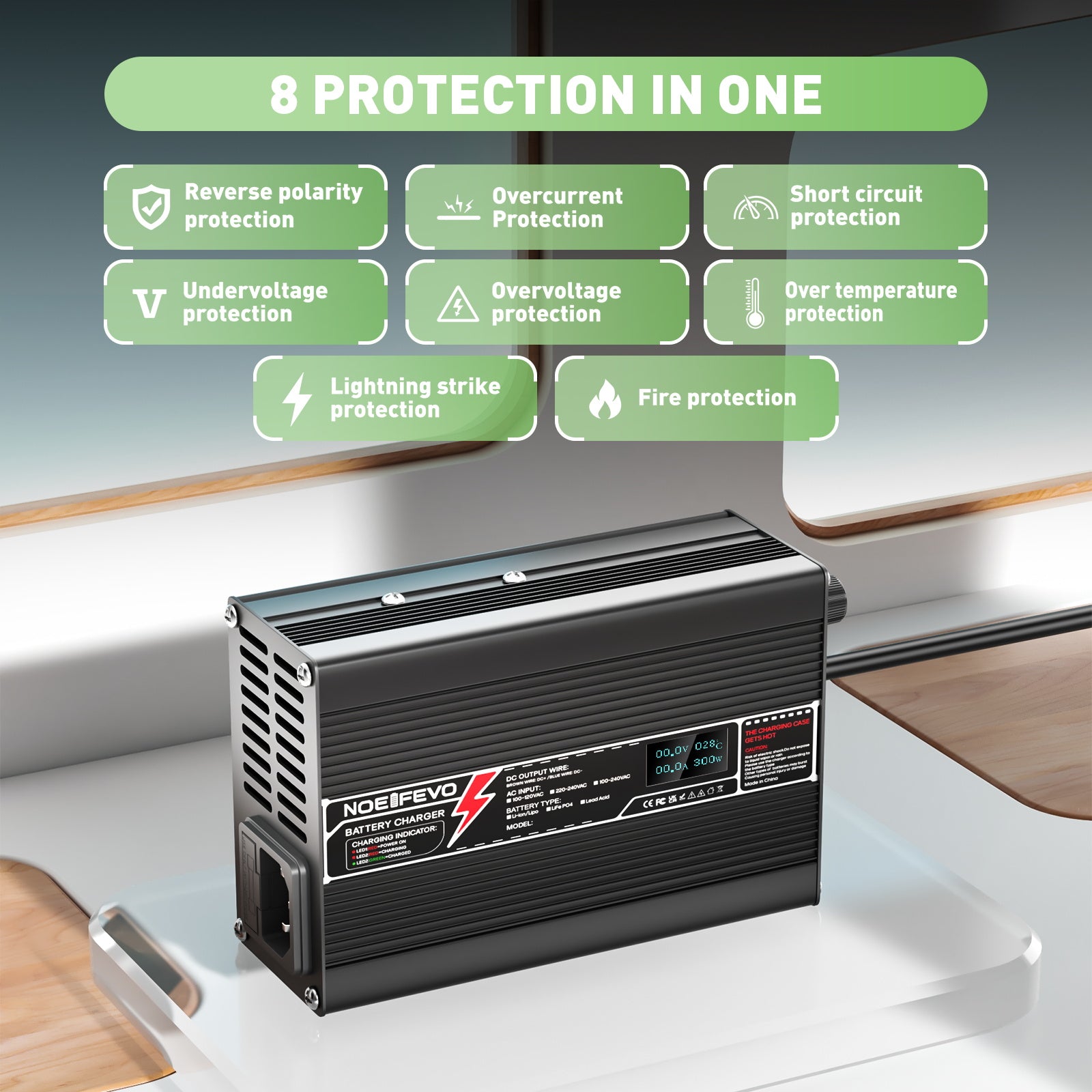 NOEIFEVO 41.4V-44.1V 2A 3A 3.5A 4A Bly-syre batterilader til 36V Bly-syre batteri, med LCD-skærm, køleventilator, automatisk slukning