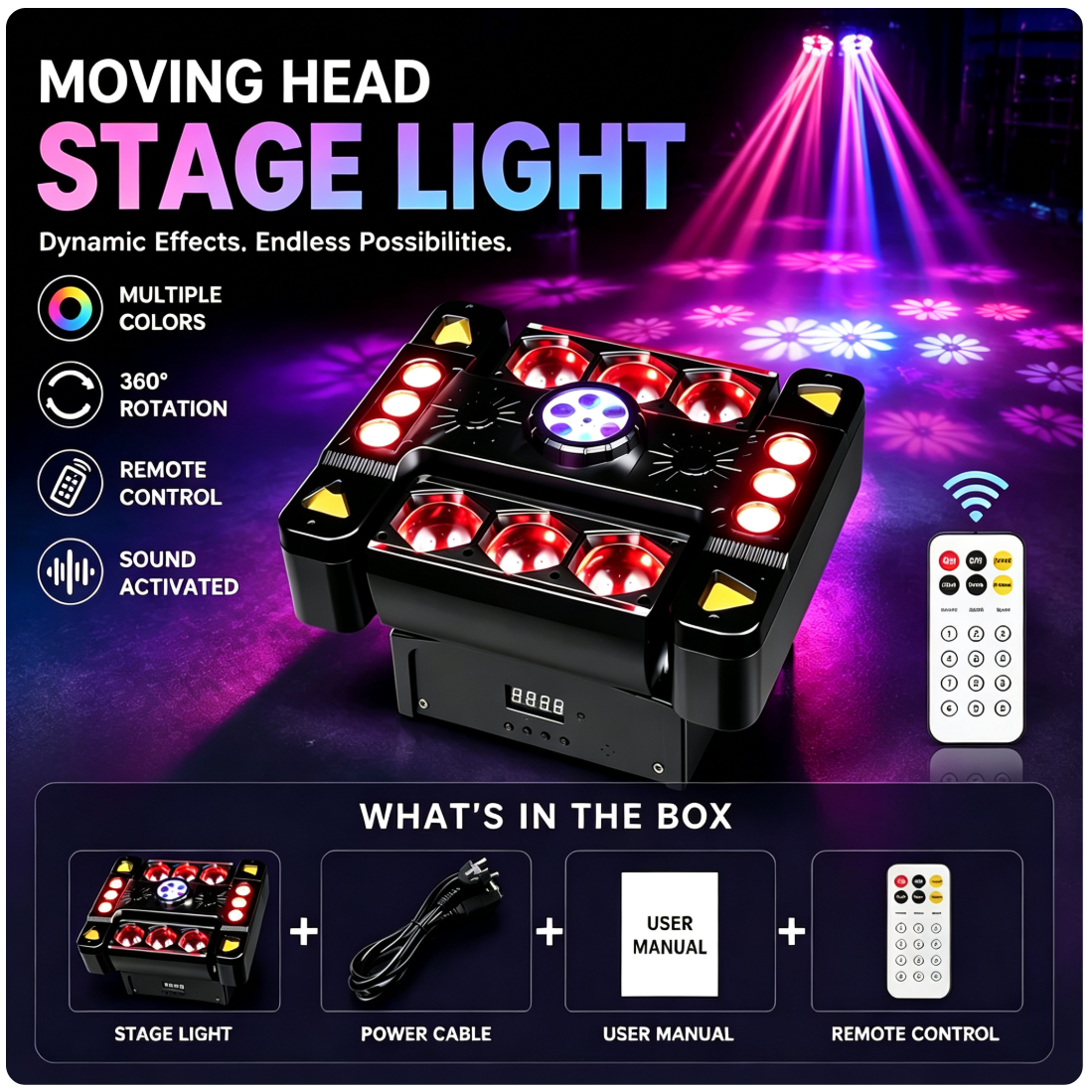 80W 6Arm RGB Partylicht 360° Moving Head DJ Bühnenstrahler DMX512 & Musiksteuerung Disco Licht für Club Party Konzert Bar Weihnachten