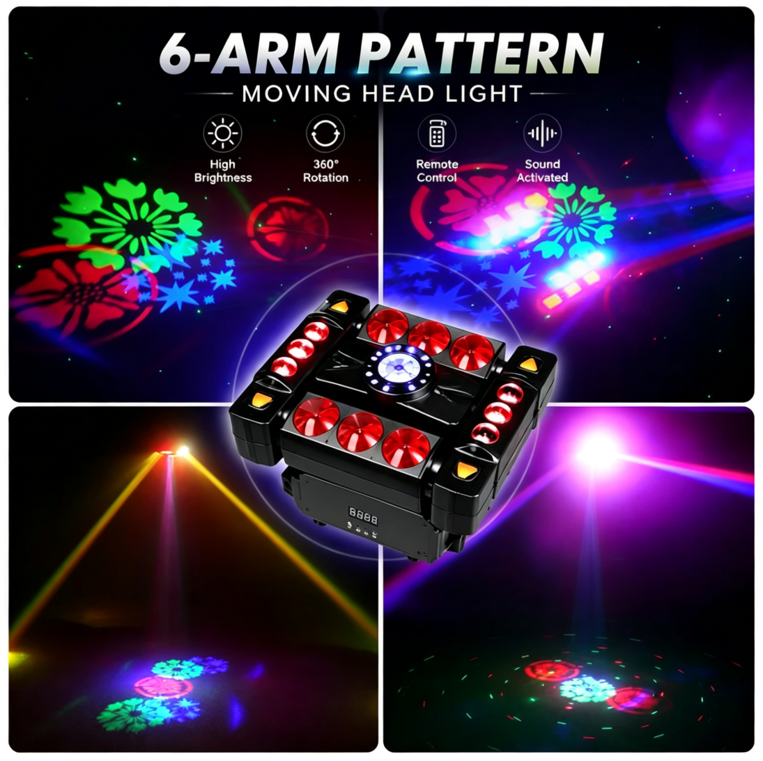 80W 6Arm RGB Partylicht 360° Moving Head DJ Bühnenstrahler DMX512 & Musiksteuerung Disco Licht für Club Party Konzert Bar Weihnachten