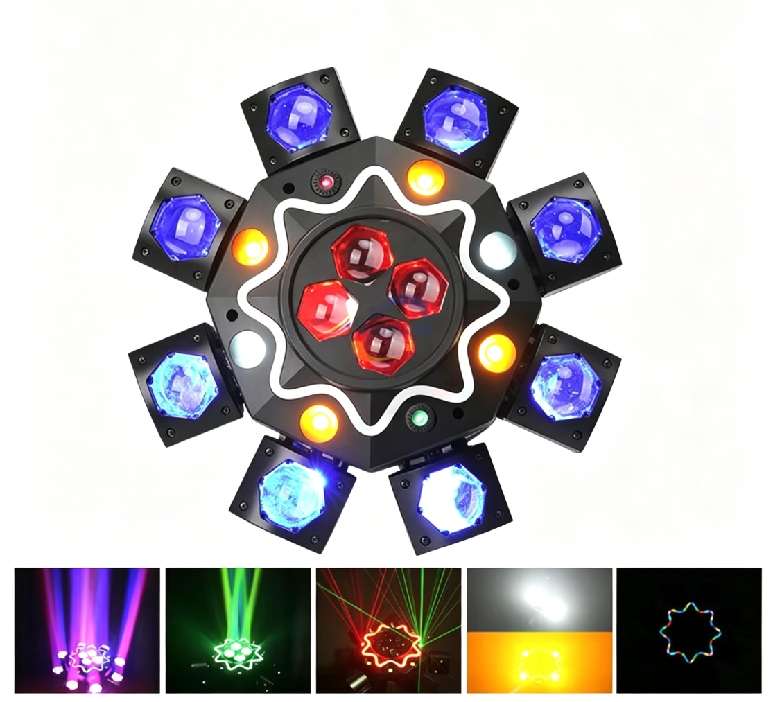 200W Bienenauge 8-Arm Moving Head Licht, DJ-Bühnenbeleuchtung mit DMX512-Unterstützung, RGBW 4-in-1 LED-Partylight mit Fernbedienung für Hochzeiten, Bars, Clubs und Discos
