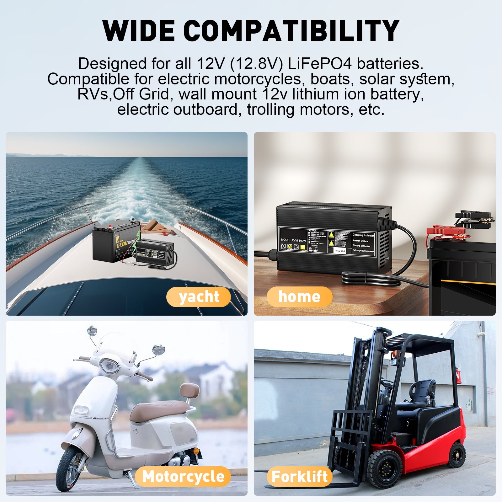 Noeifevo 14,6 V 20A LiFePO4  bateria de Carregador para bateria de lítio LiFePO4 de 12 V 12,8 V, ativação de 0 V BMS, desligamento automático, caixa de liga de alumínio