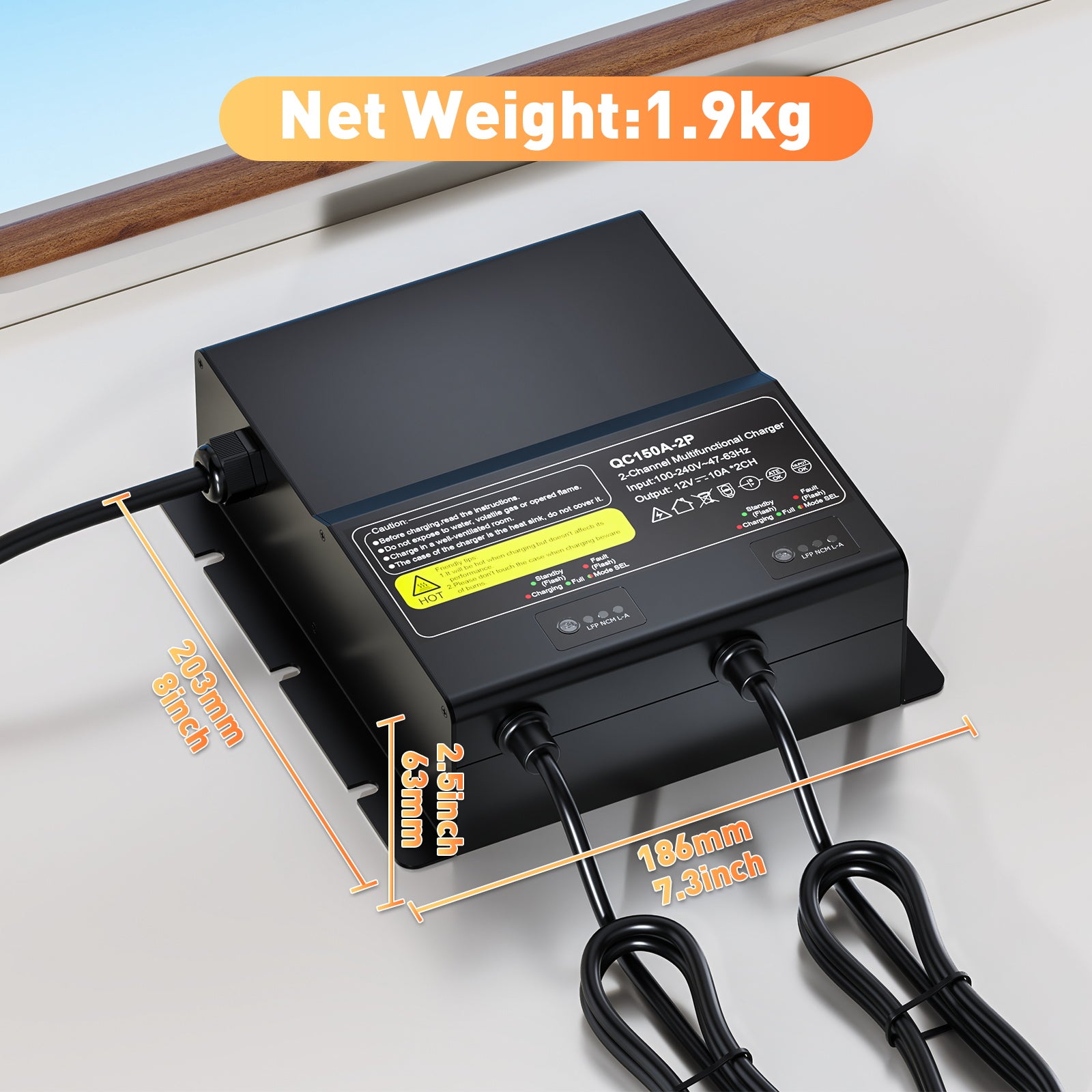 NOEIFEVO 12V 20A 2-bankový (10A/banka) univerzální nabíječ baterií, 12V vodotěsná nabíječka LiFePO4 lithium-olověných baterií pro obytný vůz, loď, motocykl, sekačku, trollingový motor a olověnou baterii
