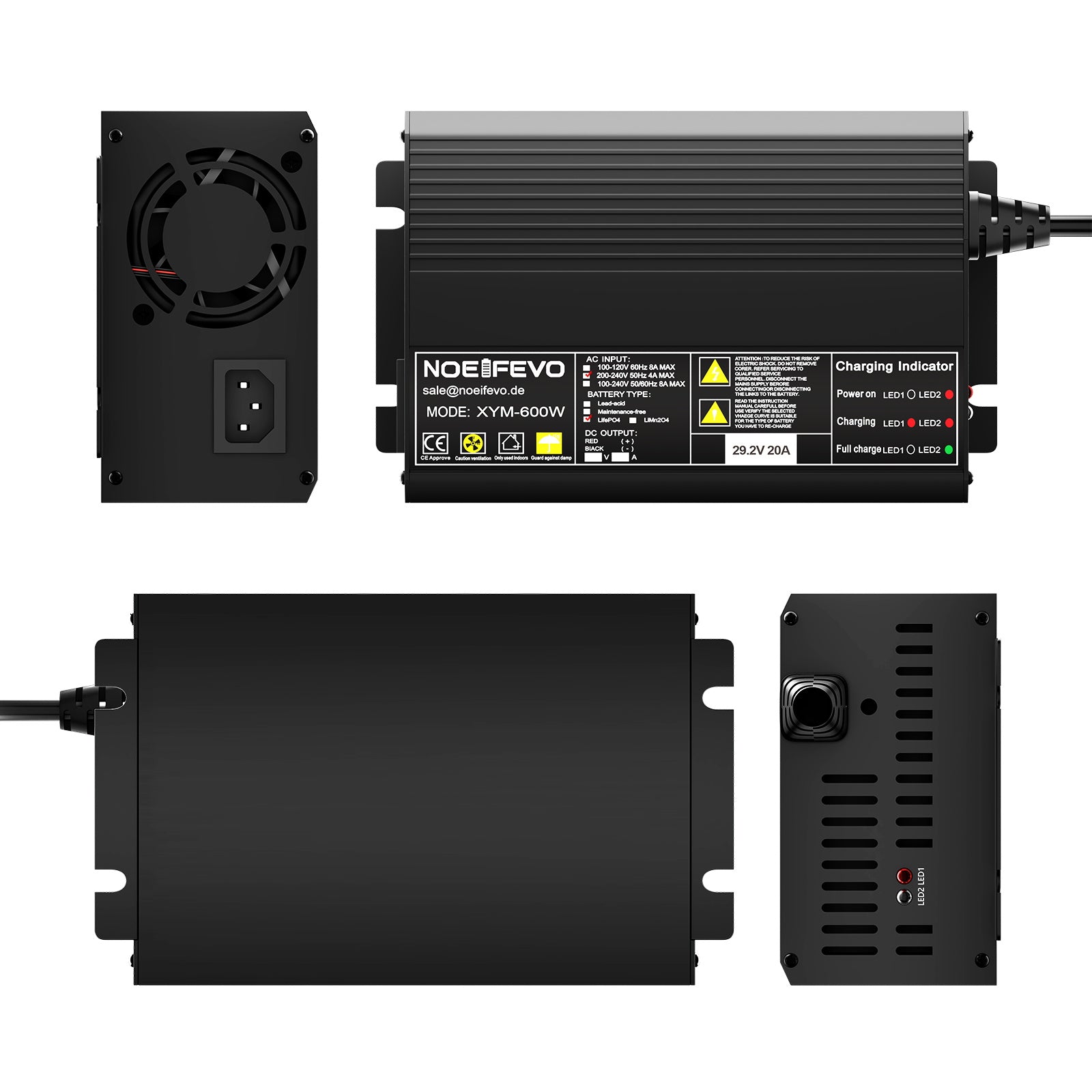 Noeifevo 29.2V 20A LiFePO4 Battery Charger for 24V 25.6V LiFePO4 Battery