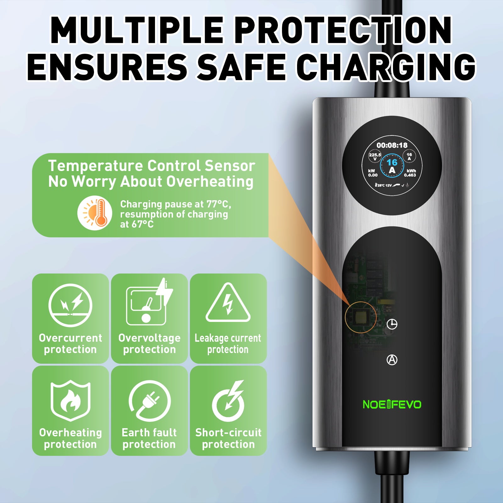 NOEIFEVO 2026 Pro Typ 2 Ladekabel Schuko 220V, 3,7kW Mobile Wallbox mit APP, 6-16A 1-phasig Ladekabel e auto  für Allen EVs(IEC 62196-2) & PHEVS