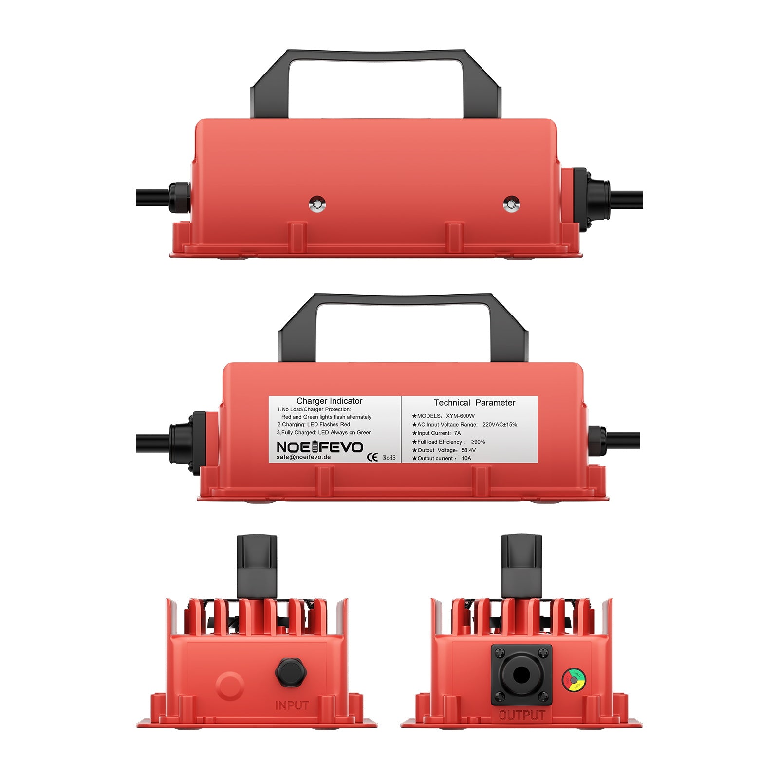 NOEIFEVO 58,4 V 10A Carregador de bateria de lítio LiFePO4 para bateria de 51,2 V (48 V) 16S, à prova de água, desligamento automático com proteção total
​