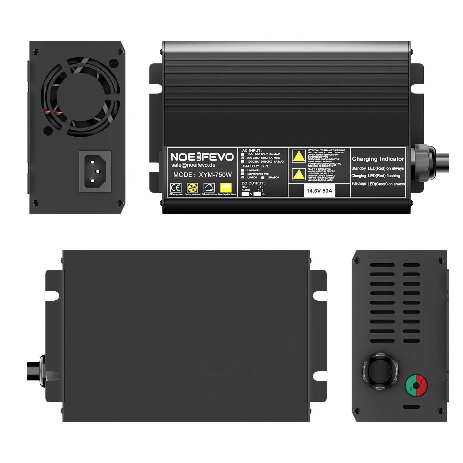 Noeifevo 14,6V 50A nabíječka baterií LiFePO4 pro 12V (12,8V) baterie LiFePO4, resetovací nabíječka baterií LiFePO4