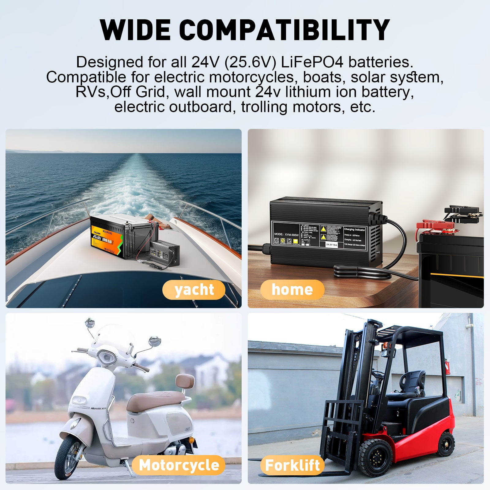 Noeifevo 29.2V 15A LiFePO4 batterijlader voor 24V 25.6V lithium batterij, 0V BMS activering, automatische uitschakeling met volledige bescherming