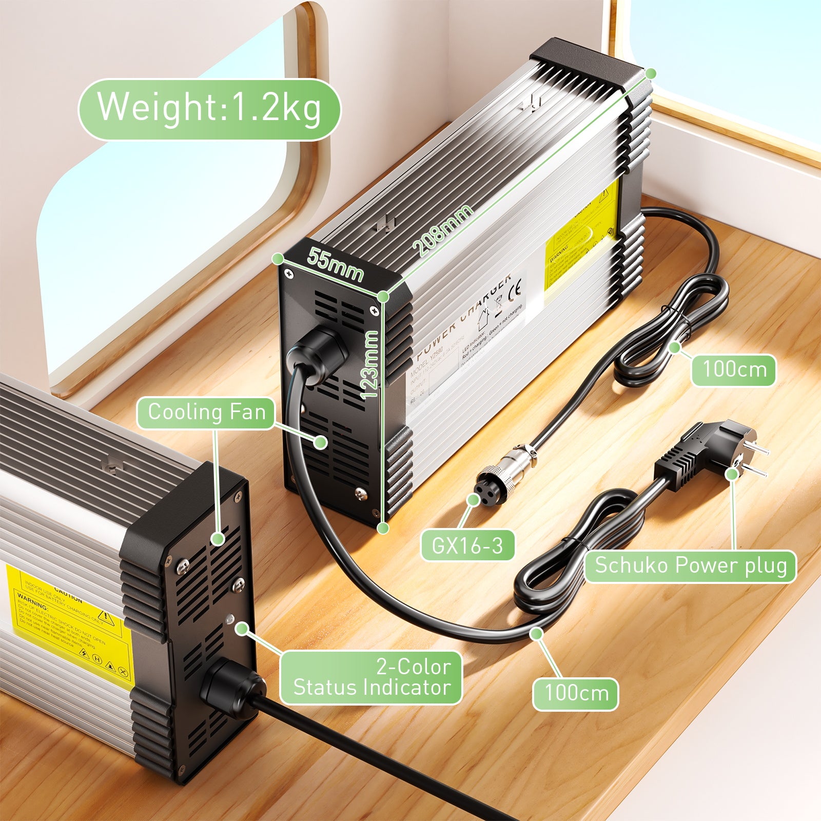 NOEIFEVO 14.6V 20A LiFePO4-batterijlader voor 12V 12.8V 4S LiFePO4-batterij, met koelventilator, automatische uitschakeling.