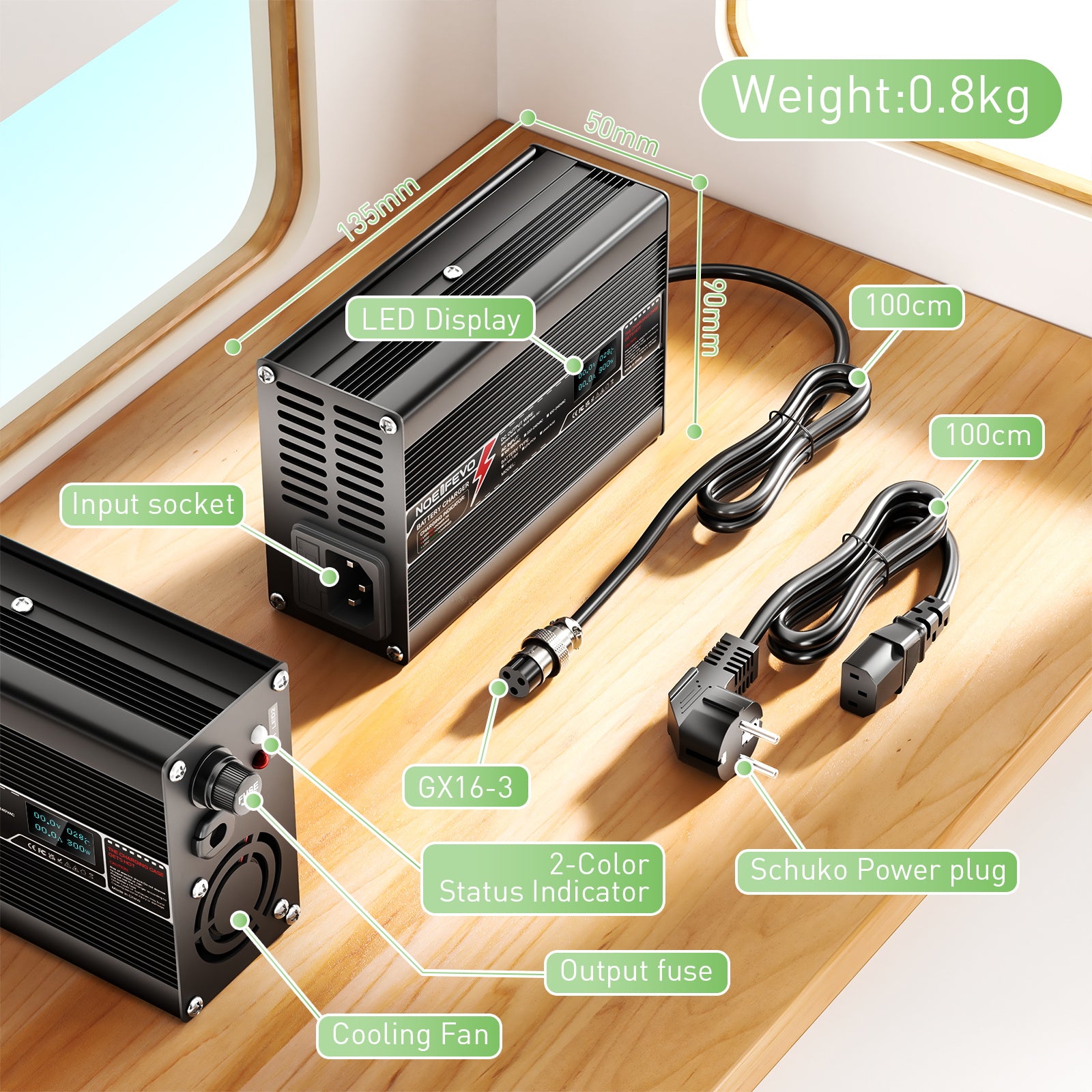 NOEIFEVO 58.4V 2A Caricabatterie LiFePO4 per batteria 16S 48V 51.2V LiFePO4, con display LCD, ventola di raffreddamento, spegnimento automatico.