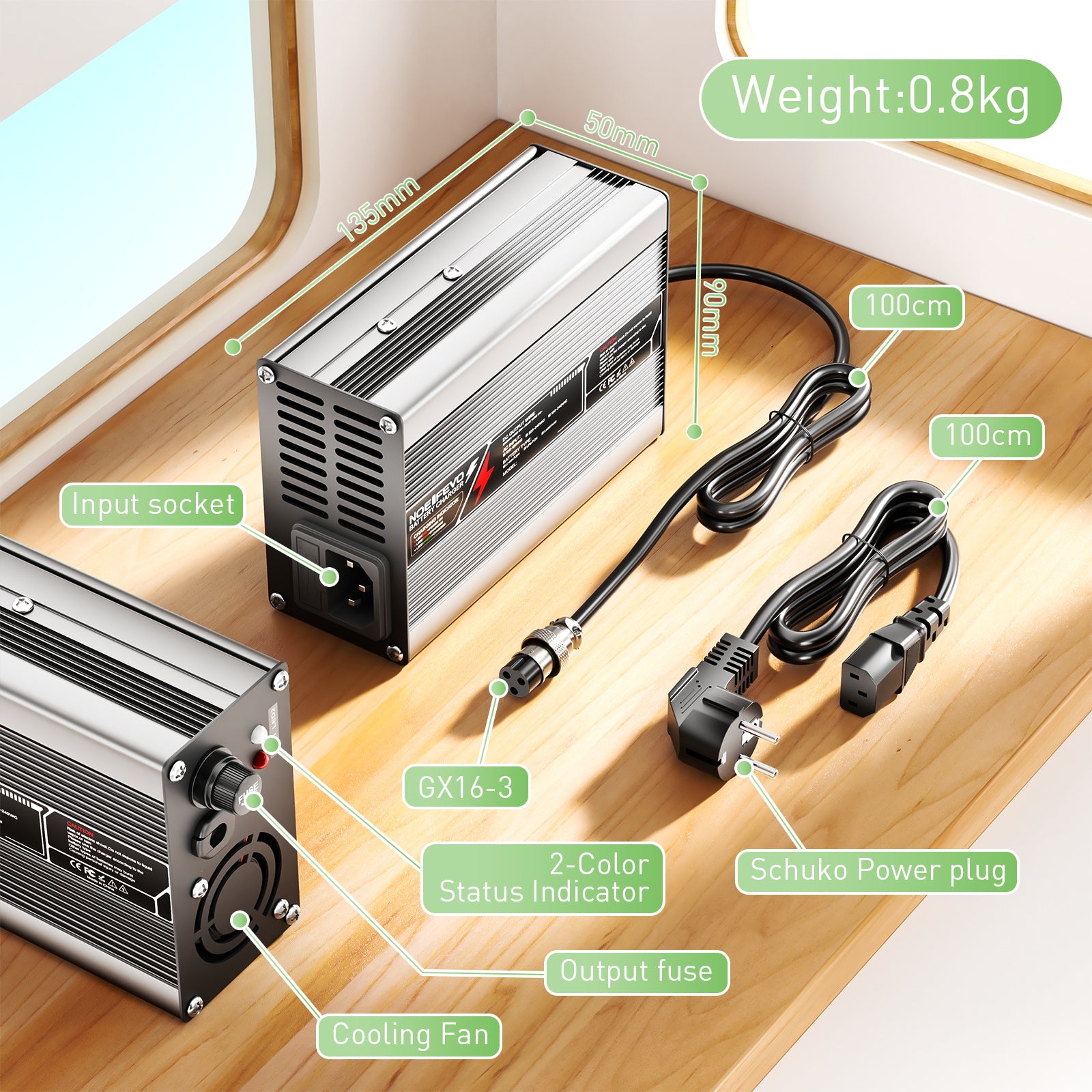 Carregador de Bateria de Chumbo-Ácido 55.2V-58.8V 2.5A 3A NOEIFEVO para Bateria de Chumbo-Ácido 48V, com Ventilador de Refrigeração e Desligamento Automático