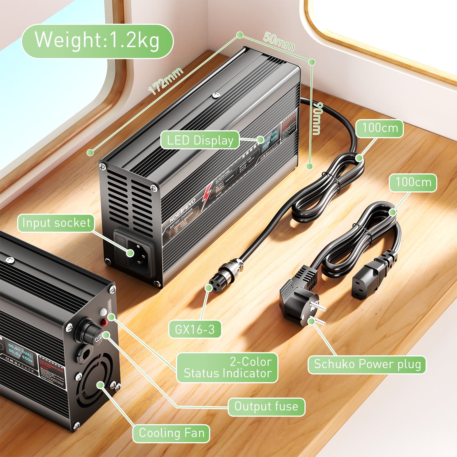 NOEIFEVO 54.75V 8A LiFePO4-batterijlader voor 15S 48.0V LiFePO4 lithiumbatterij, LED-display, aluminium behuizing