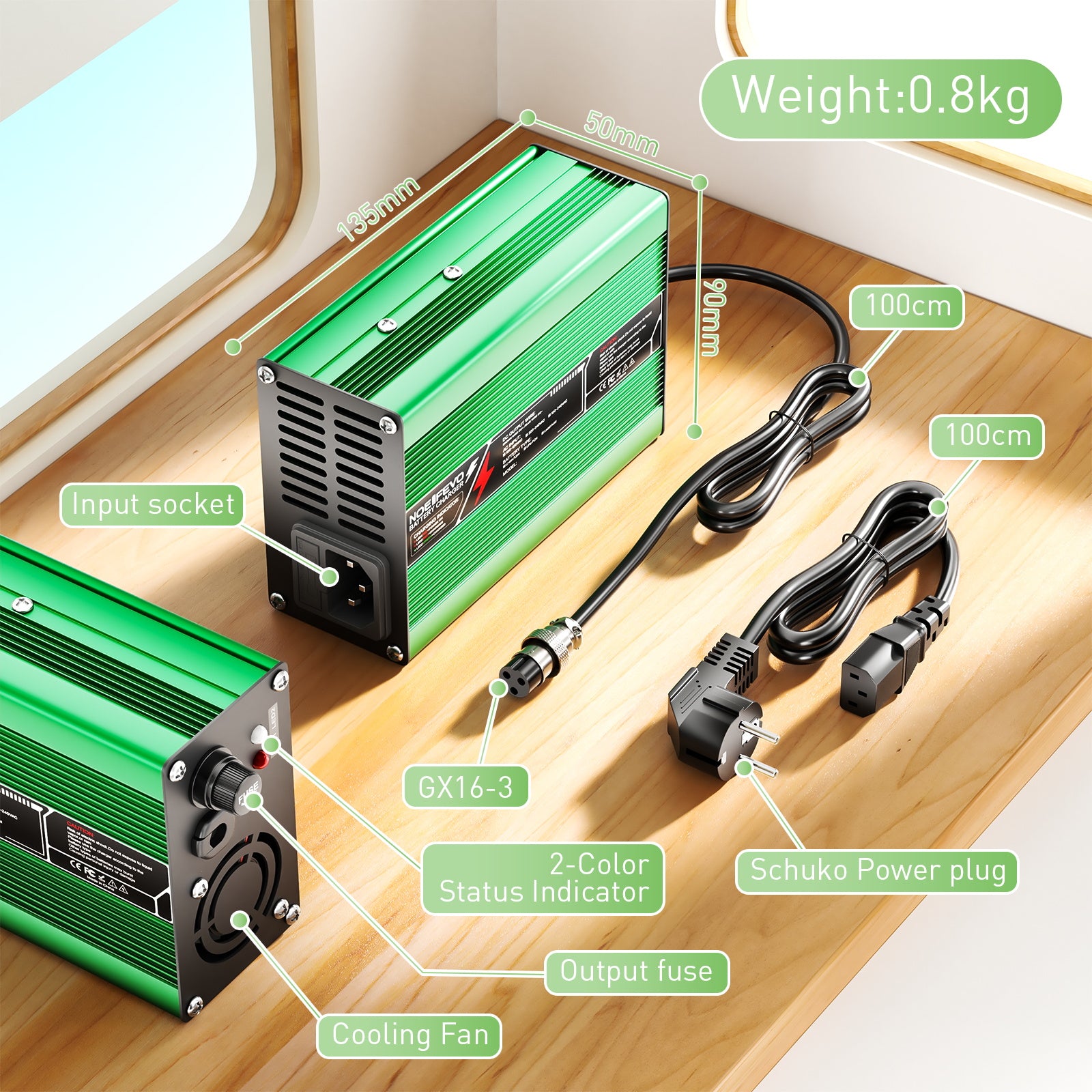 NOEIFEVO 14.6V 10A Carregador de Bateria LiFePO4 para Bateria LiFePO4 4S 12V 12.8V, Ventilador de Resfriamento, Desligamento Automático (VERDE)