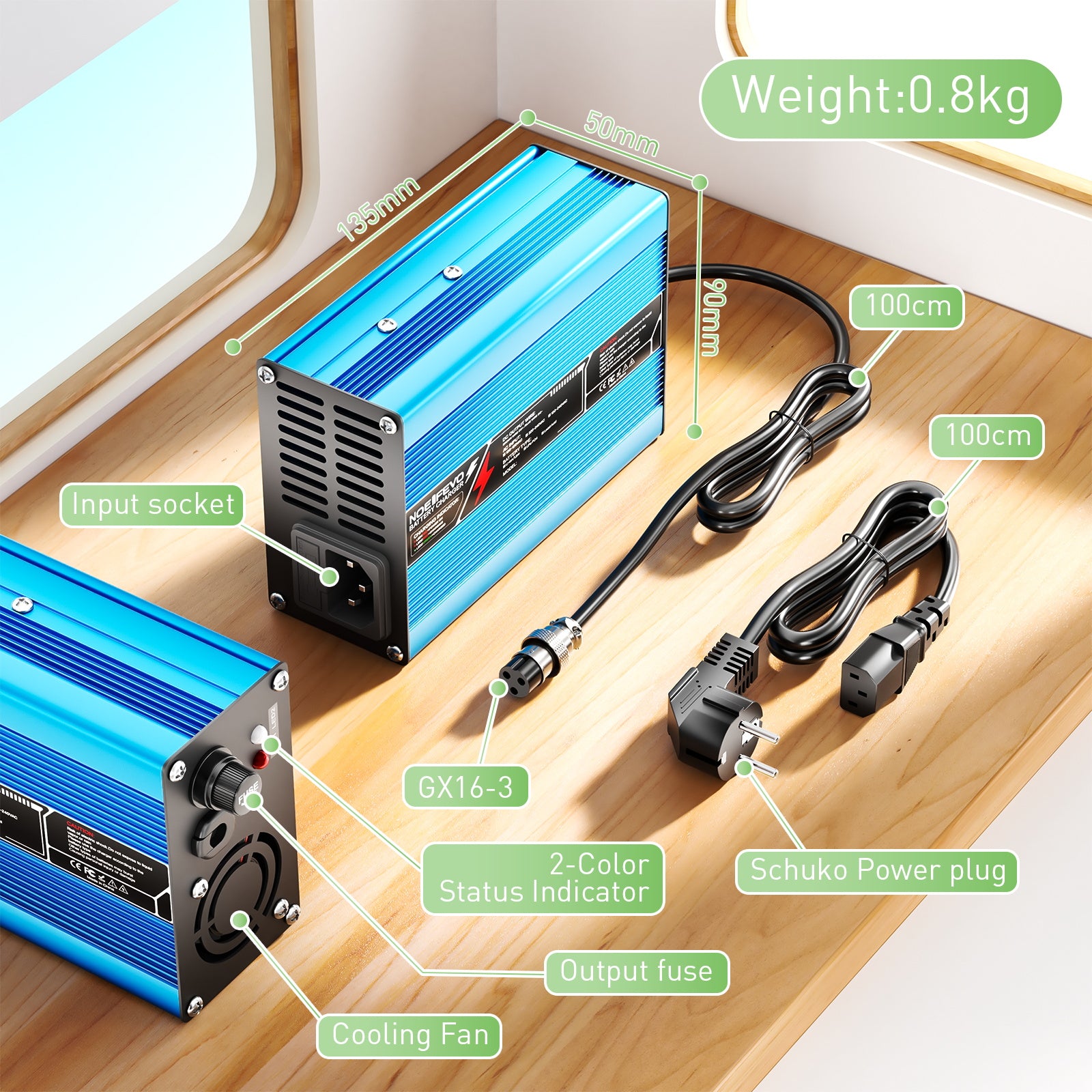 NOEIFEVO Cargador de batería de litio 42V 4A para baterías 10S 37V Li-Ion Lipo, con ventilador de refrigeración, apagado automático (AZUL)