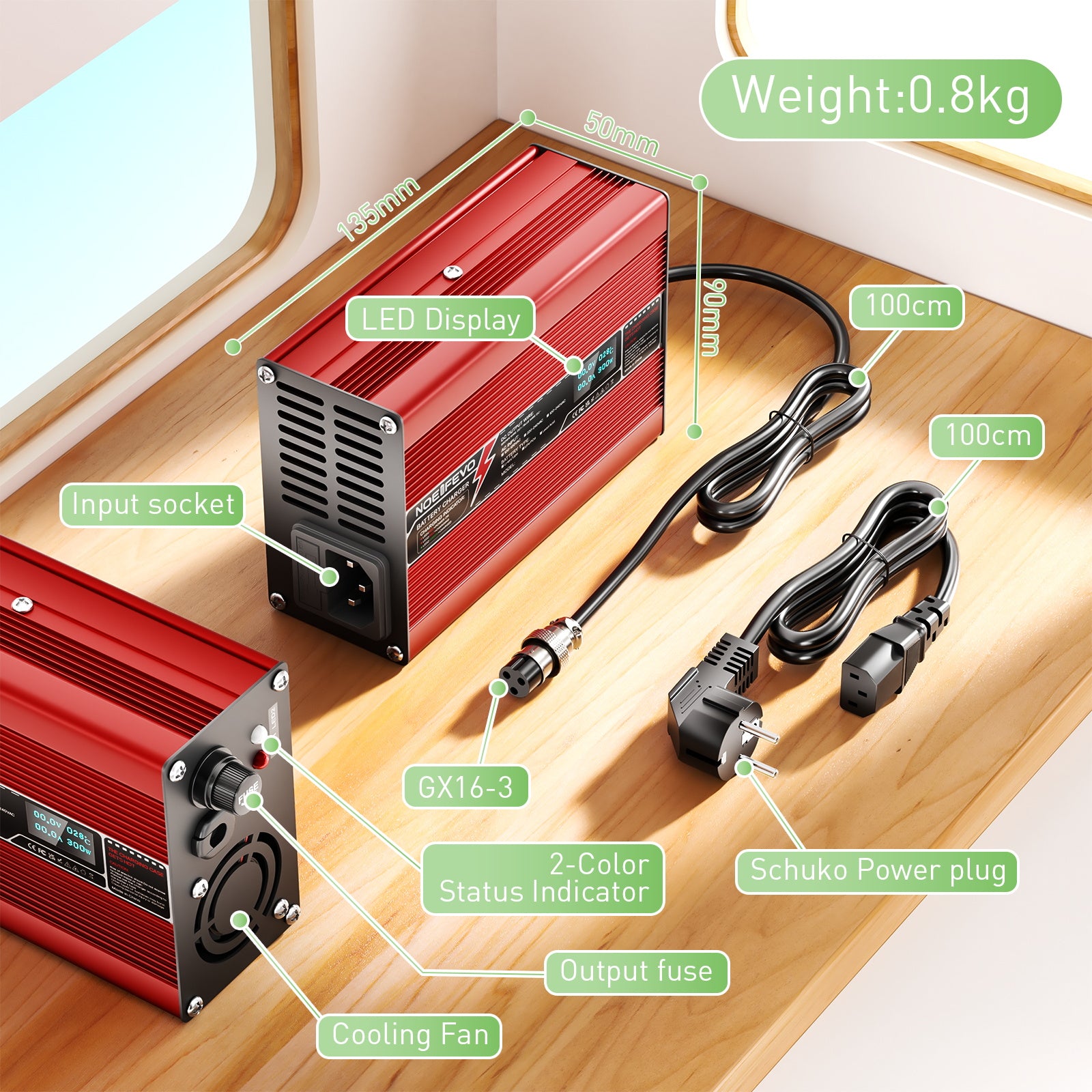 NOEIFEVO 54.6V 2A 2.5A 3A Lithium-lader til 13S 48.1V Li-Ion Lipo-batterier, med køleventilator, automatisk afbrydelse (RØD)