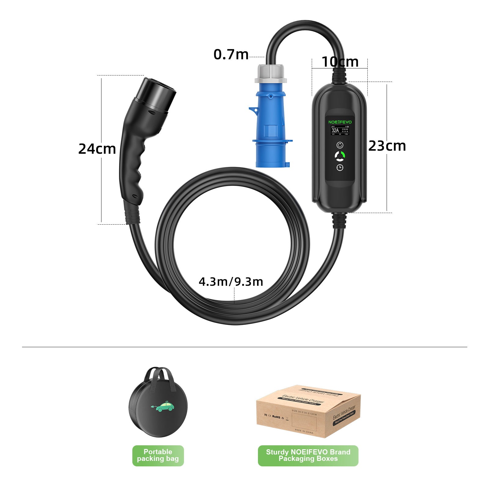 NOEIFEVO 7.2KW EV-Ladekabel, Typ 2 32A 1 Phase EV-Ladegerät, Mobile EVSE-Ladestation mit CEE Blue Stecker