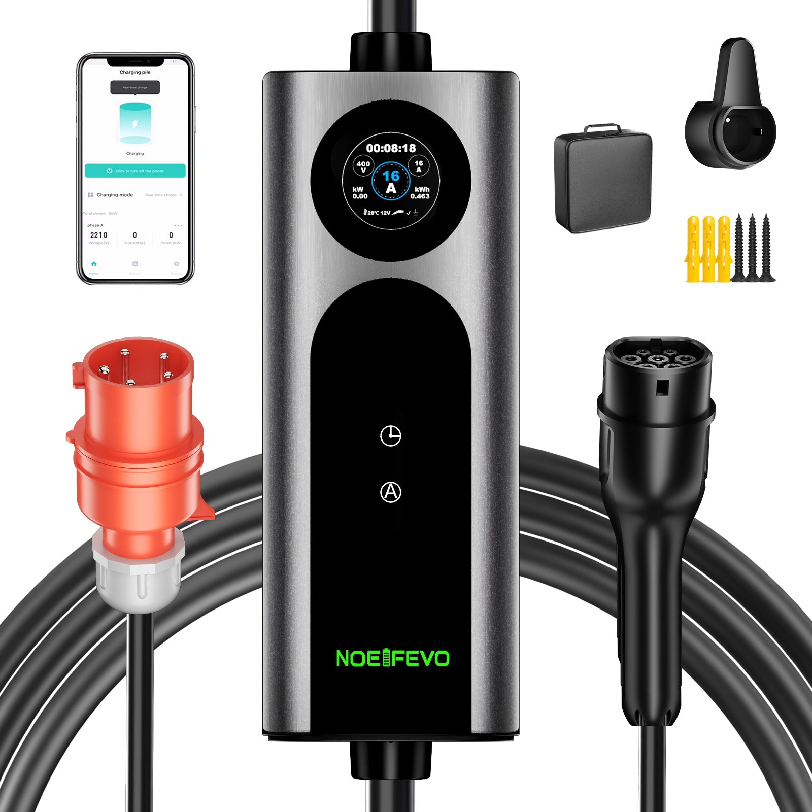 Noeifevo Type 2 Mobile EV Wallbox, 11KW 3-vaihe CEE16A Säädettävä Latausteho EV-laturi, 5m/10m/15m EV-latauskaapeli Model Y/3\:lle, ID.3/4/5, MG4, EX30, e-up, e-tron, Zoe ja muille EV\:lle.
