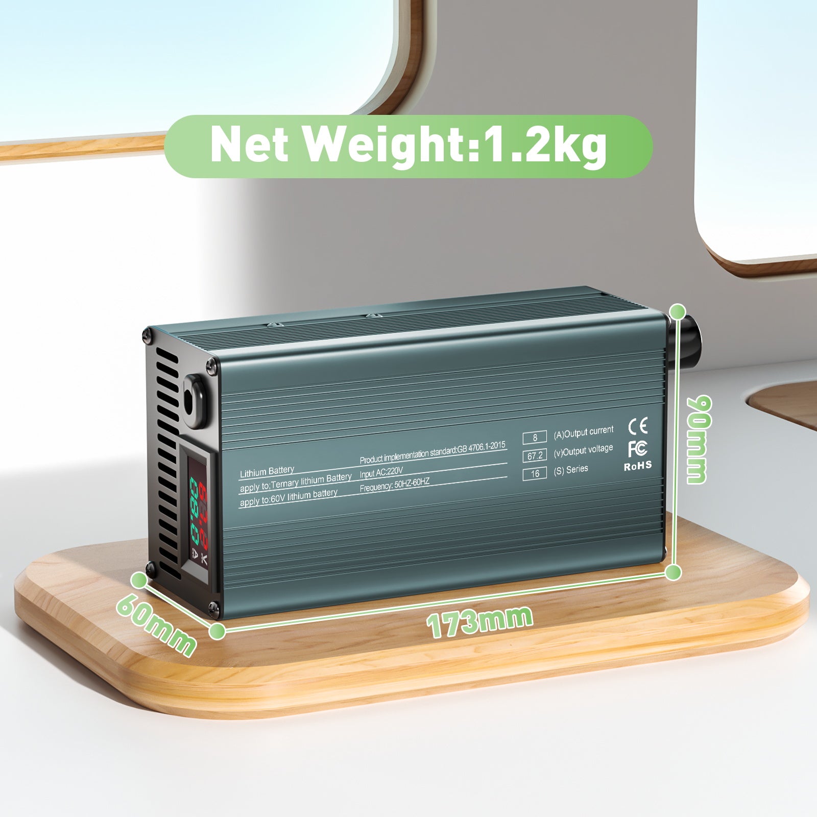 NOEIFEVO 67.2V 8A 16S Lithium-Batterijlader voor 16S 60V Li-Ion Batterijen, Stroominstelling 1-8A, Langzaam Laden en Snelle Laden (MLC1300)