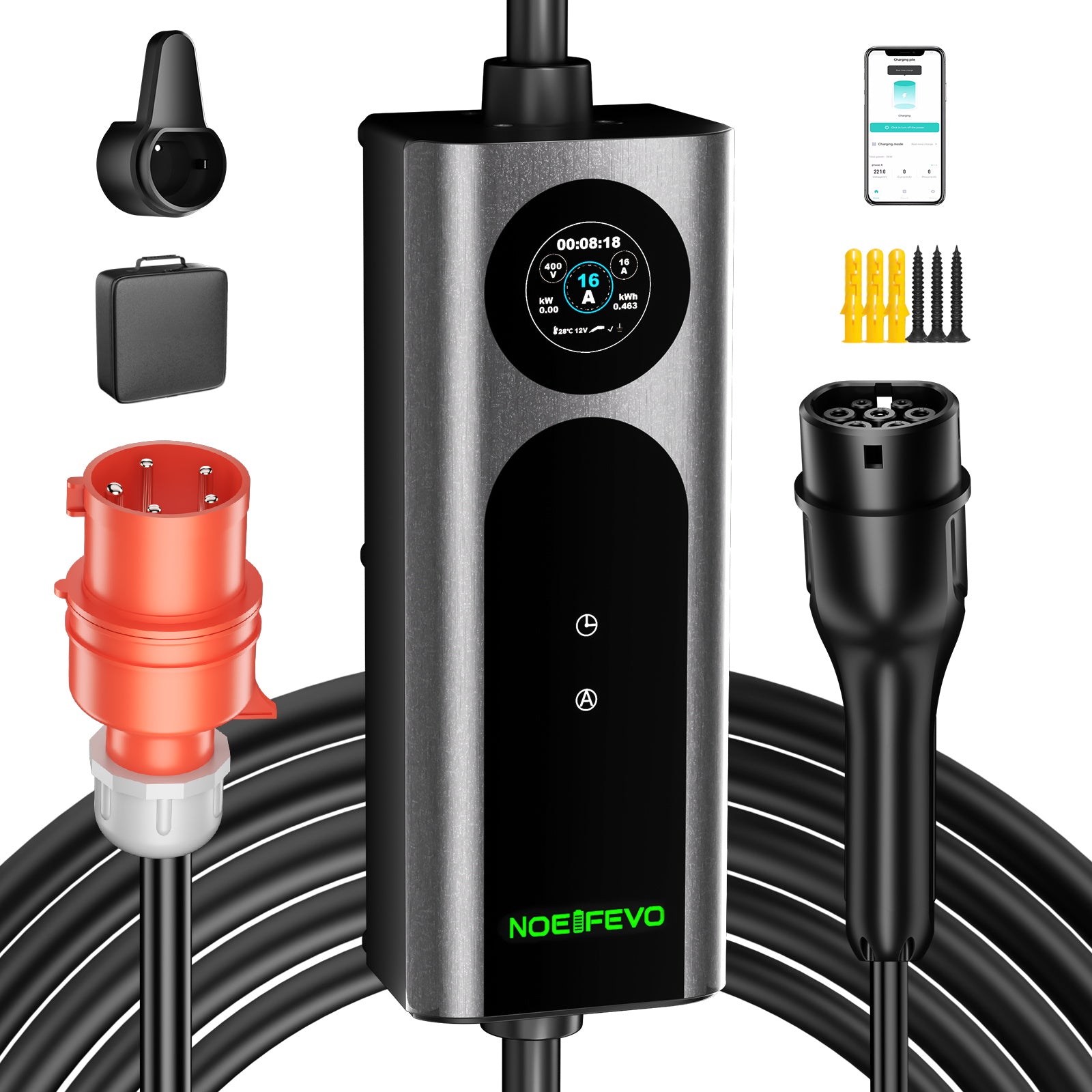 NOEIFEVO Q21W Wlan nabíjačka elektromobilov Wallbox 11kW s diaľkovým ovládaním APP, 5m/10m Type2 CEE16A 3-fázový nabíjací kábel 