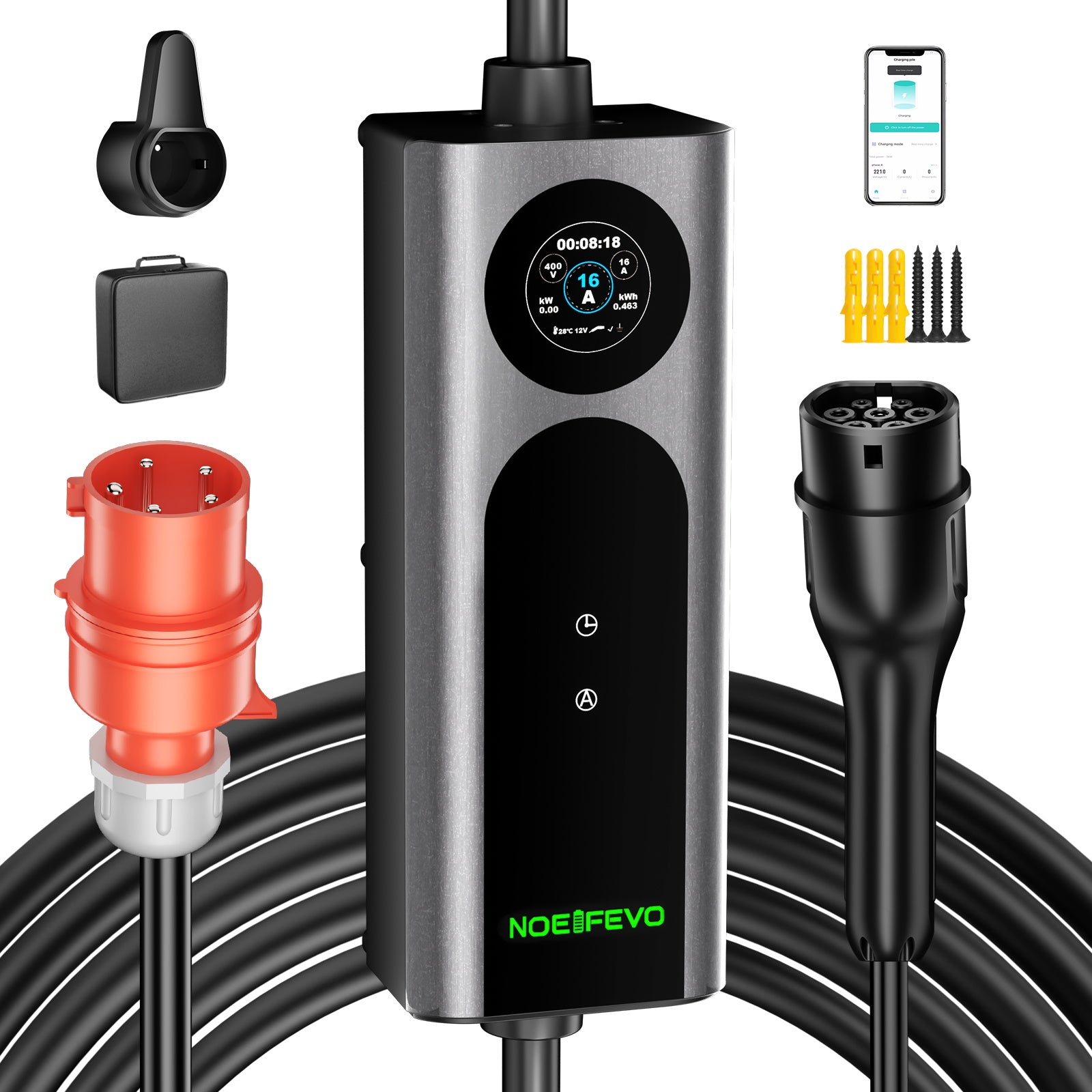 Noeifevo Type 2 Wallbox EV נייד, מטען EV 11KW תלת-פאזי CEE16A עם כוח טעינה מתכוונן, כבל טעינה EV באורך 5m/10m/15m עבור Model Y/3, ID.3/4/5, MG4, EX30, e-up, e-tron, Zoe ורכבי EV אחרים.
