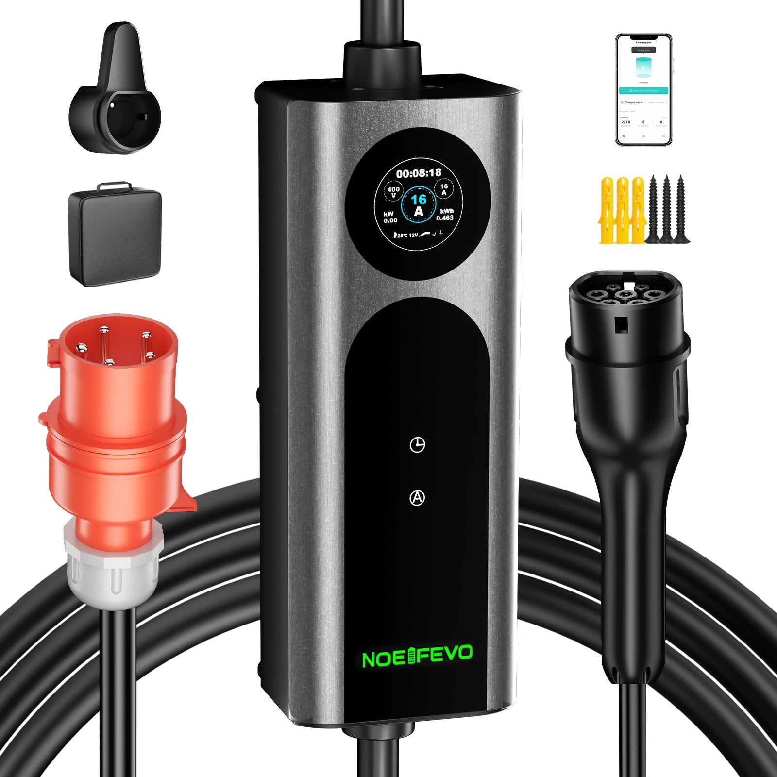 NOEIFEVO Q21W Wlan nabíjačka elektromobilov Wallbox 11kW s diaľkovým ovládaním APP, 5m/10m Type2 CEE16A 3-fázový nabíjací kábel 
