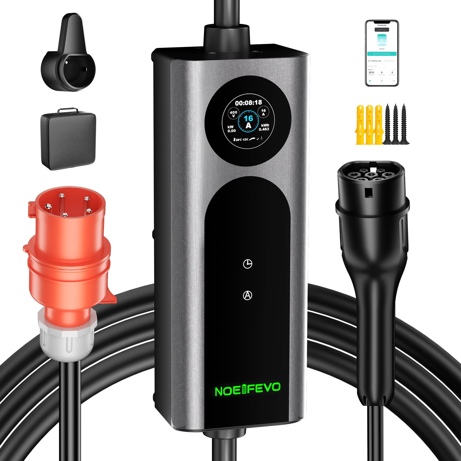 Noeifevo Type 2 Wallbox EV נייד, מטען EV 11KW תלת-פאזי CEE16A עם כוח טעינה מתכוונן, כבל טעינה EV באורך 5m/10m/15m עבור Model Y/3, ID.3/4/5, MG4, EX30, e-up, e-tron, Zoe ורכבי EV אחרים.
