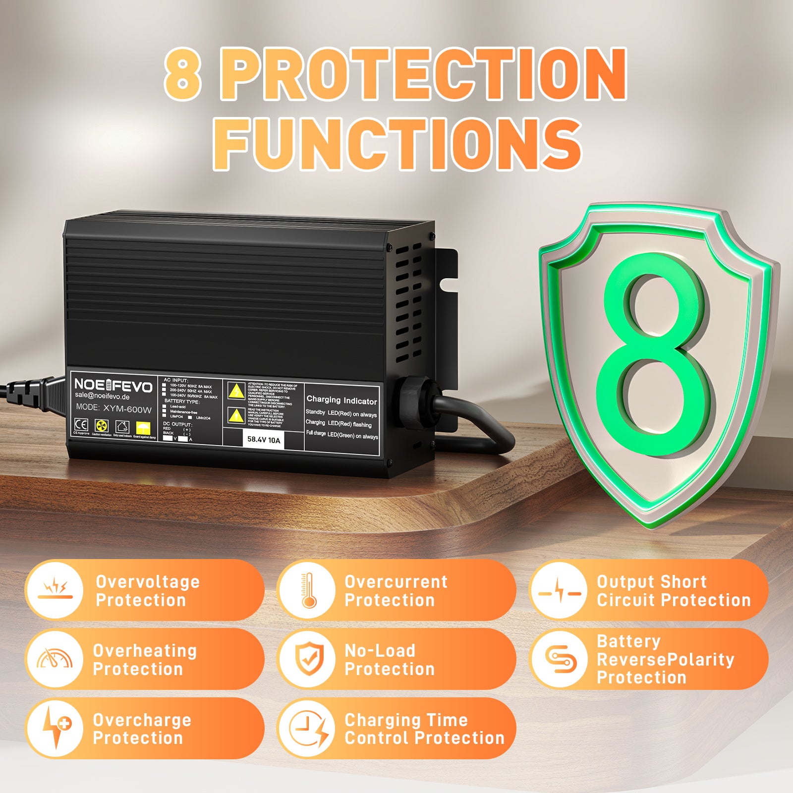 NOEIFEVO 58,4 V 10 A LiFePO4batería de  Cargador para batería de litio de 51,2 V (48 V) 16S para carros de golf, vehículos recreativos y motores de pesca eléctricos