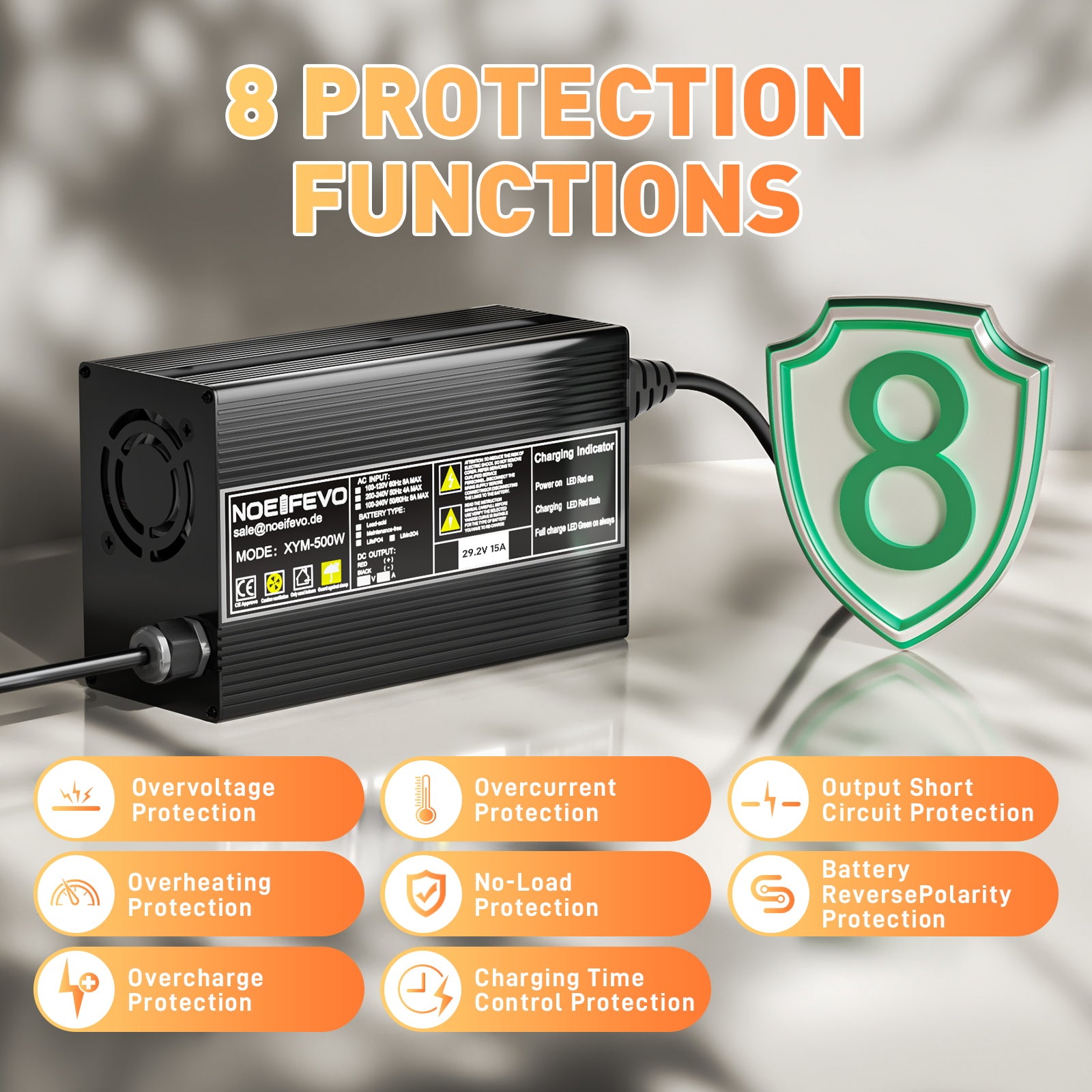 Noeifevo 29.2V 15A LiFePO4 batterijlader voor 24V 25.6V lithium batterij, 0V BMS activering, automatische uitschakeling met volledige bescherming