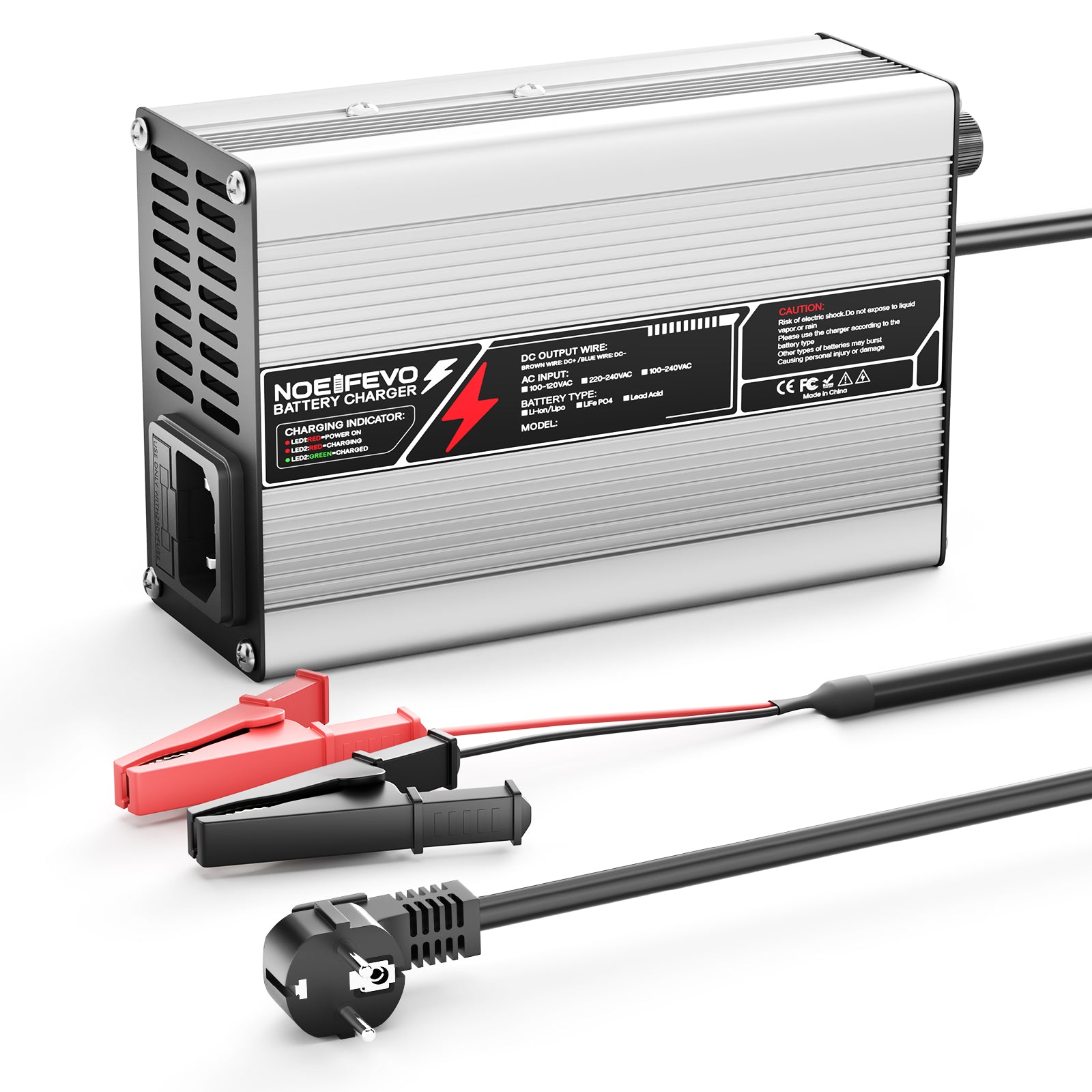 NOEIFEVO Caricabatterie al Litio 42V  2A 3A 3.5A 4A per Batterie Li-Ion Lipo 10S 37V, Ventola di Raffreddamento, Spegnimento Automatico