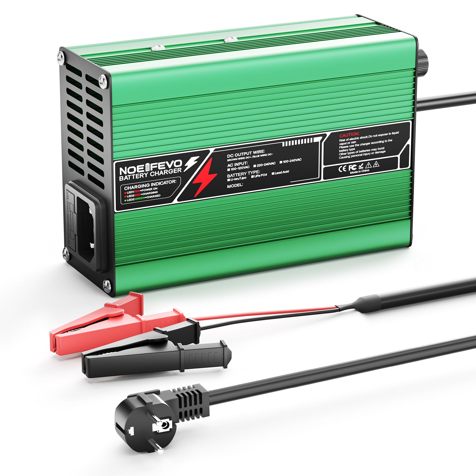 NOEIFEVO 50.4V 2A 2.5A 3A Caricabatterie al Litio per batterie 12S 44.4V Li-Ion Lipo, Ventola di raffreddamento, Spegnimento automatico (VERDE)