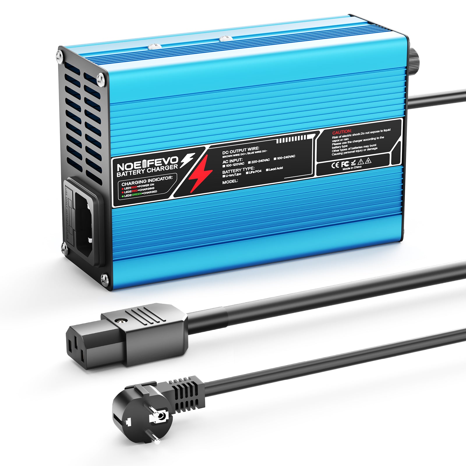 NOEIFEVO 27.6V-29.4V 5A Caricabatterie per batterie al piombo da 24V, ventilatore di raffreddamento, spegnimento automatico (BLU)