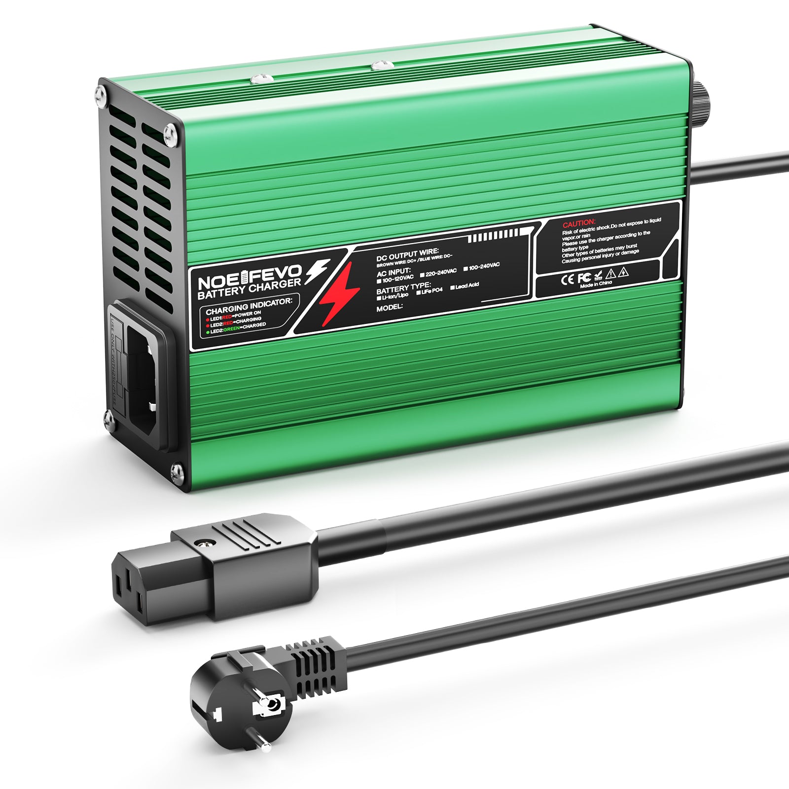 NOEIFEVO 50.4V 2A 2.5A 3A Caricabatterie al Litio per batterie 12S 44.4V Li-Ion Lipo, Ventola di raffreddamento, Spegnimento automatico (VERDE)