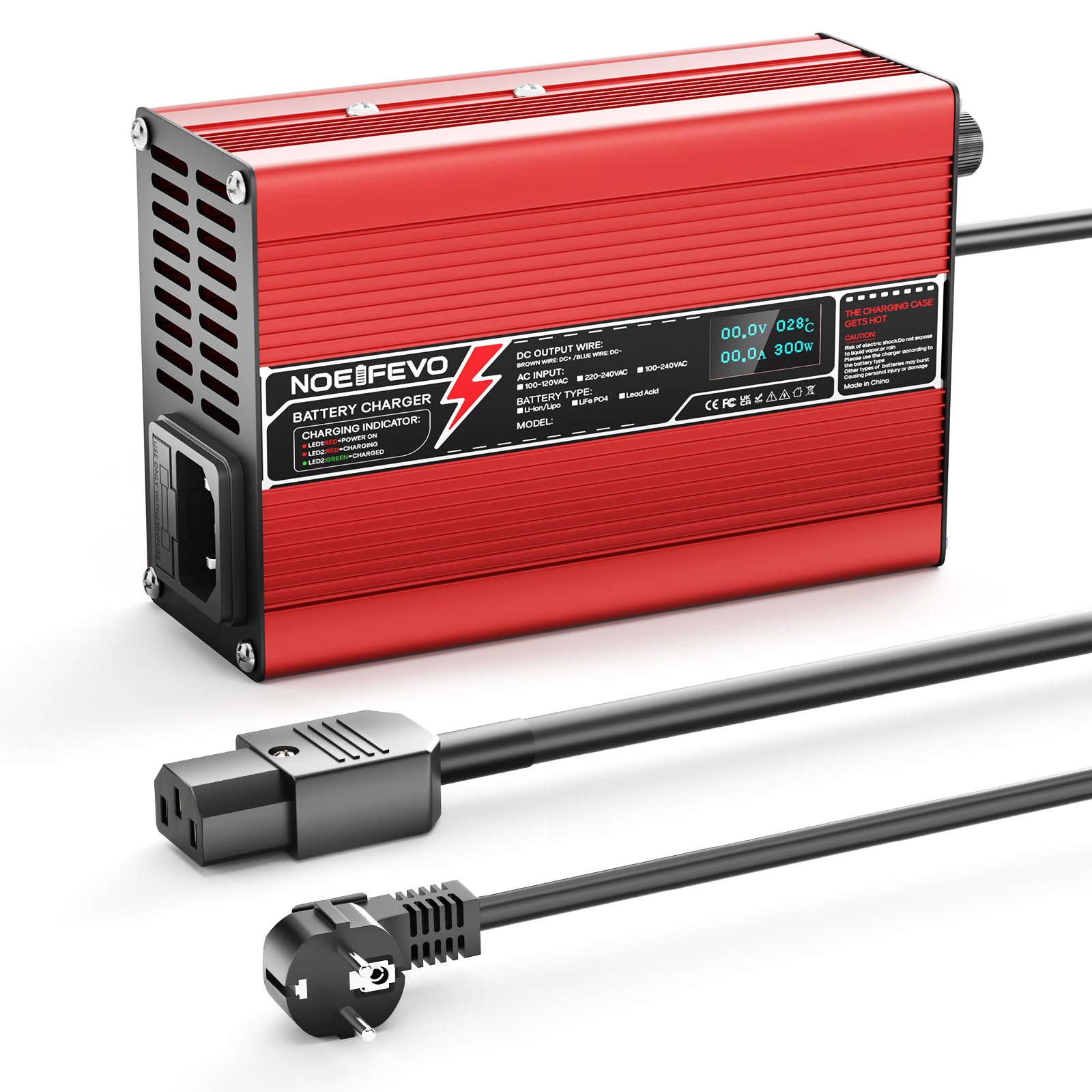 NOEIFEVO 50.4V 2A 2.5A 3A Caricabatterie per batterie al litio 12S 44.4V Li-Ion Lipo, con ventola di raffreddamento e spegnimento automatico (ROSSO)