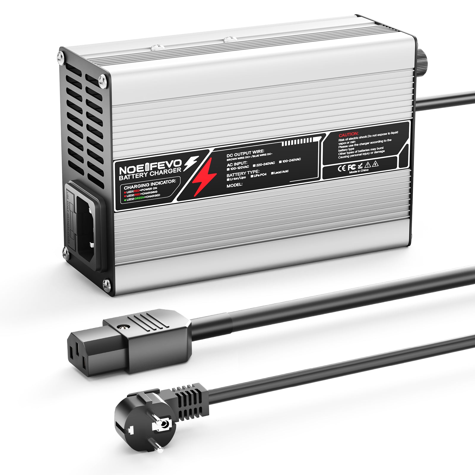 מטעין ליתיום NOEIFEVO 29.4V 2A 3A 4A 5A עבור סוללות 7S 25.9V Li-Ion Lipo, עם מאוורר קירור, כיבוי אוטומטי