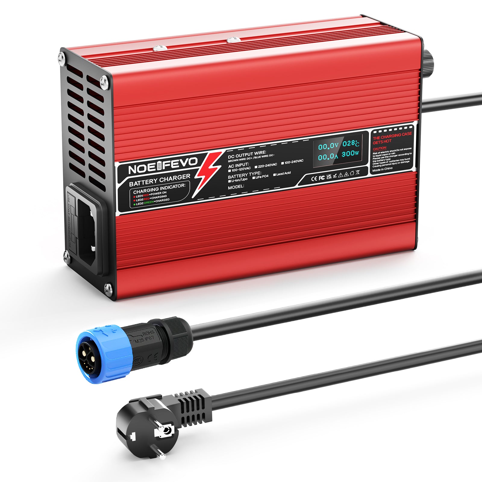 NOEIFEVO Caricabatterie al litio 29.4V 2A 3A 4A 5A per batterie Li-Ion Lipo 7S 25.9V, con ventola di raffreddamento, spegnimento automatico (ROSSO)