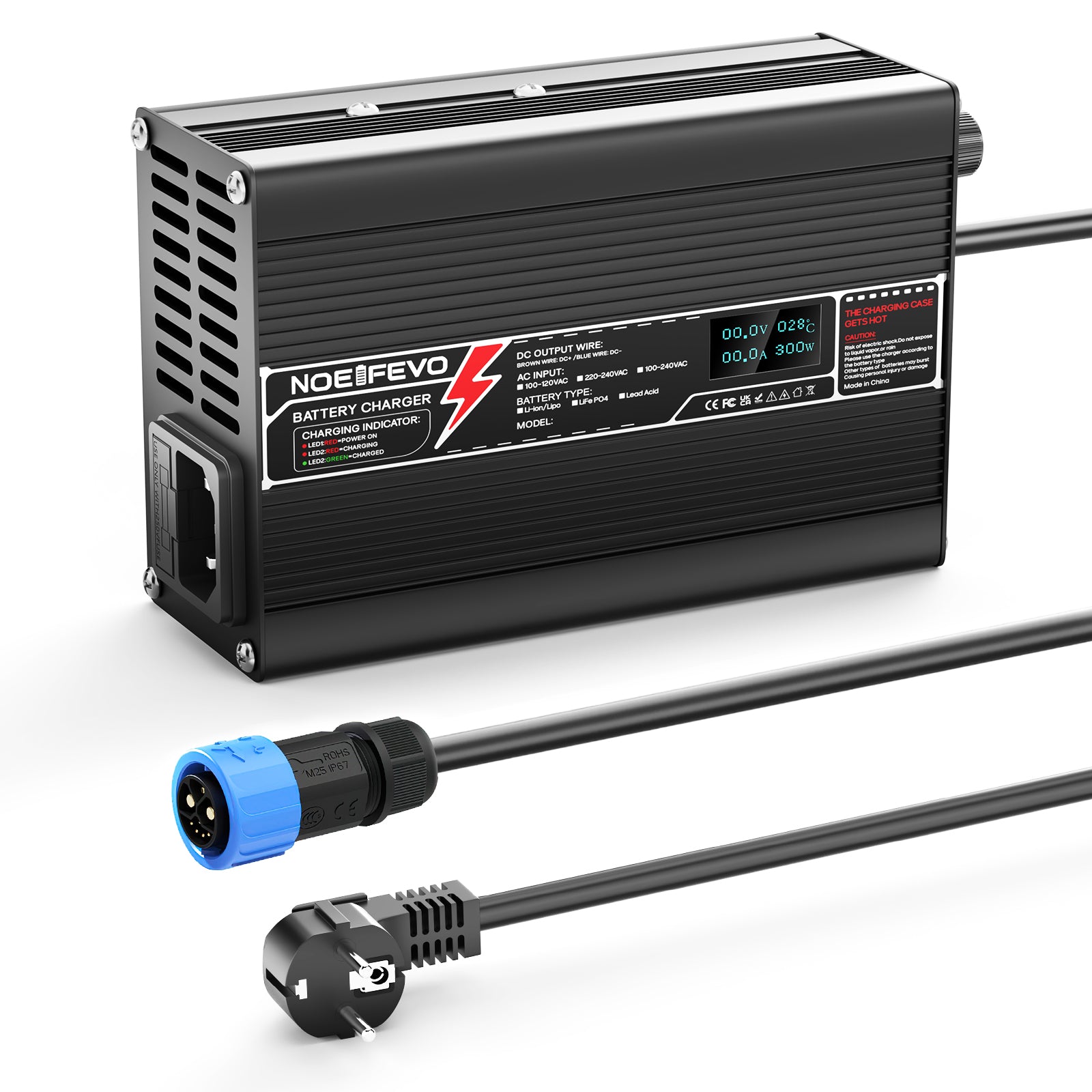 Caricabatterie al litio NOEIFEVO 71.4V 4A per batteria Li-Ion Lipo 17S 62.9V, caricabatterie per bici elettrica e monopattino, display LED, custodia in alluminio