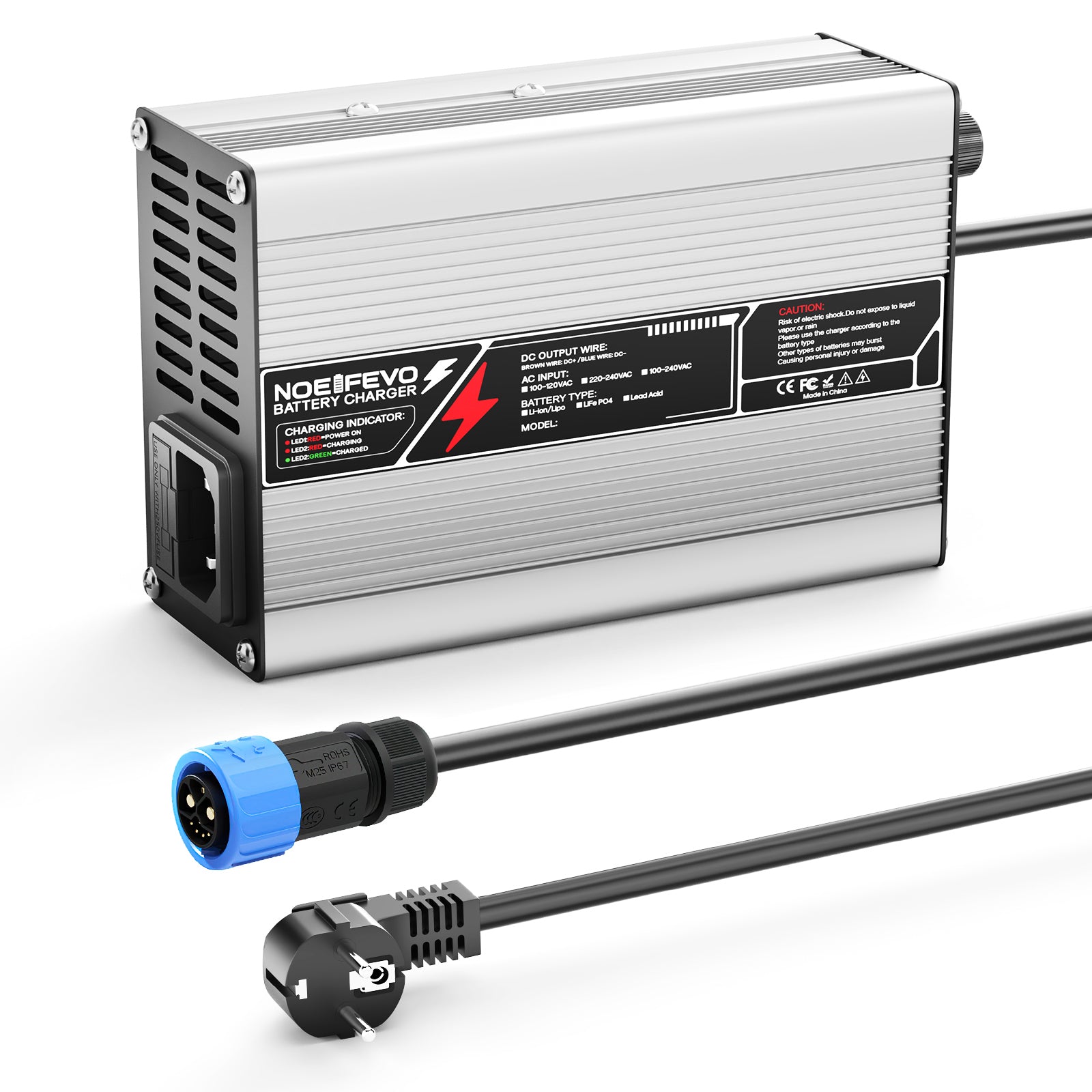 מטעין ליתיום NOEIFEVO 29.4V 2A 3A 4A 5A עבור סוללות 7S 25.9V Li-Ion Lipo, עם מאוורר קירור, כיבוי אוטומטי