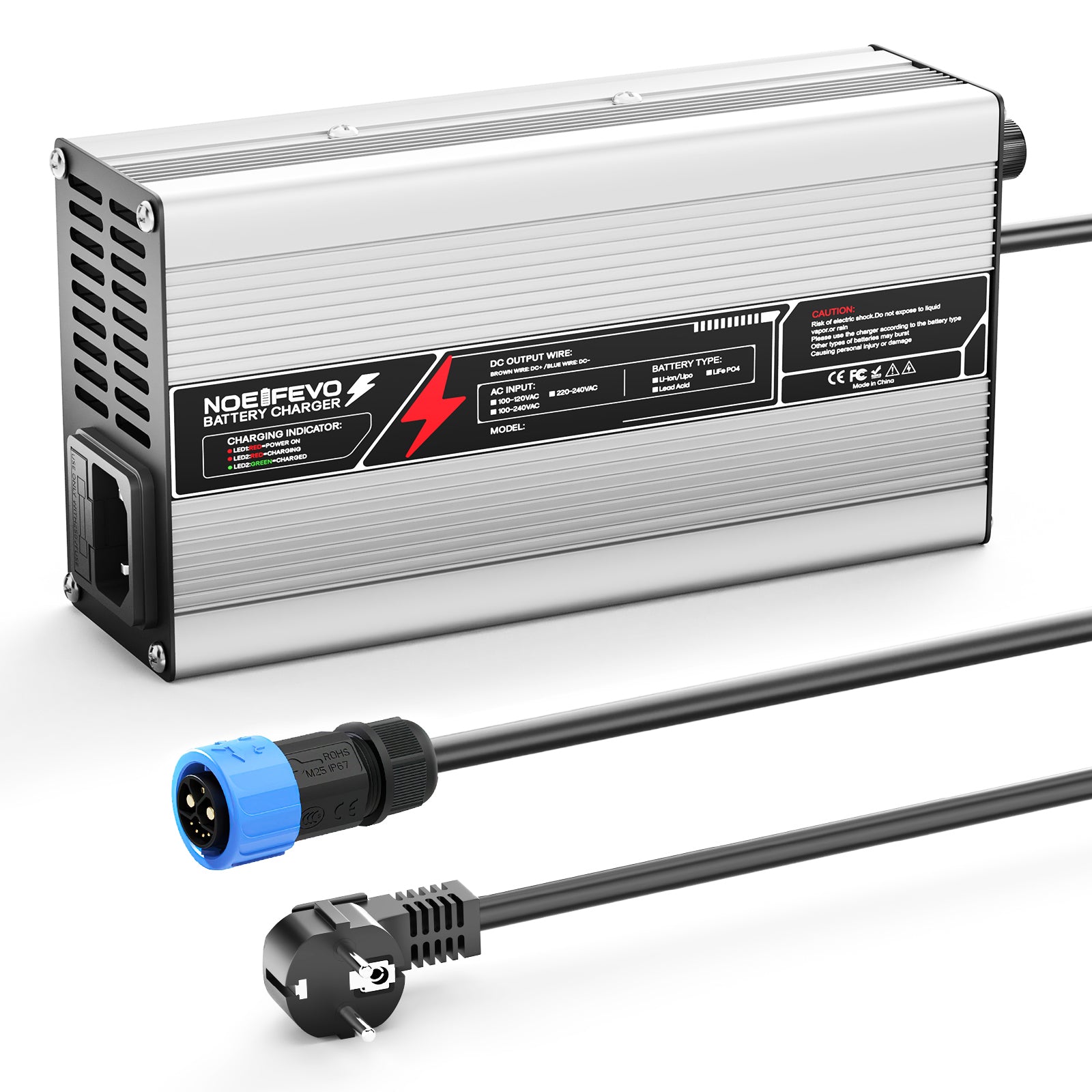 NOEIFEVO 54,75V 8A caricabatterie LiFePO4 per batteria 48V 15S, spegnimento automatico, involucro in alluminio con ventola (Argento)