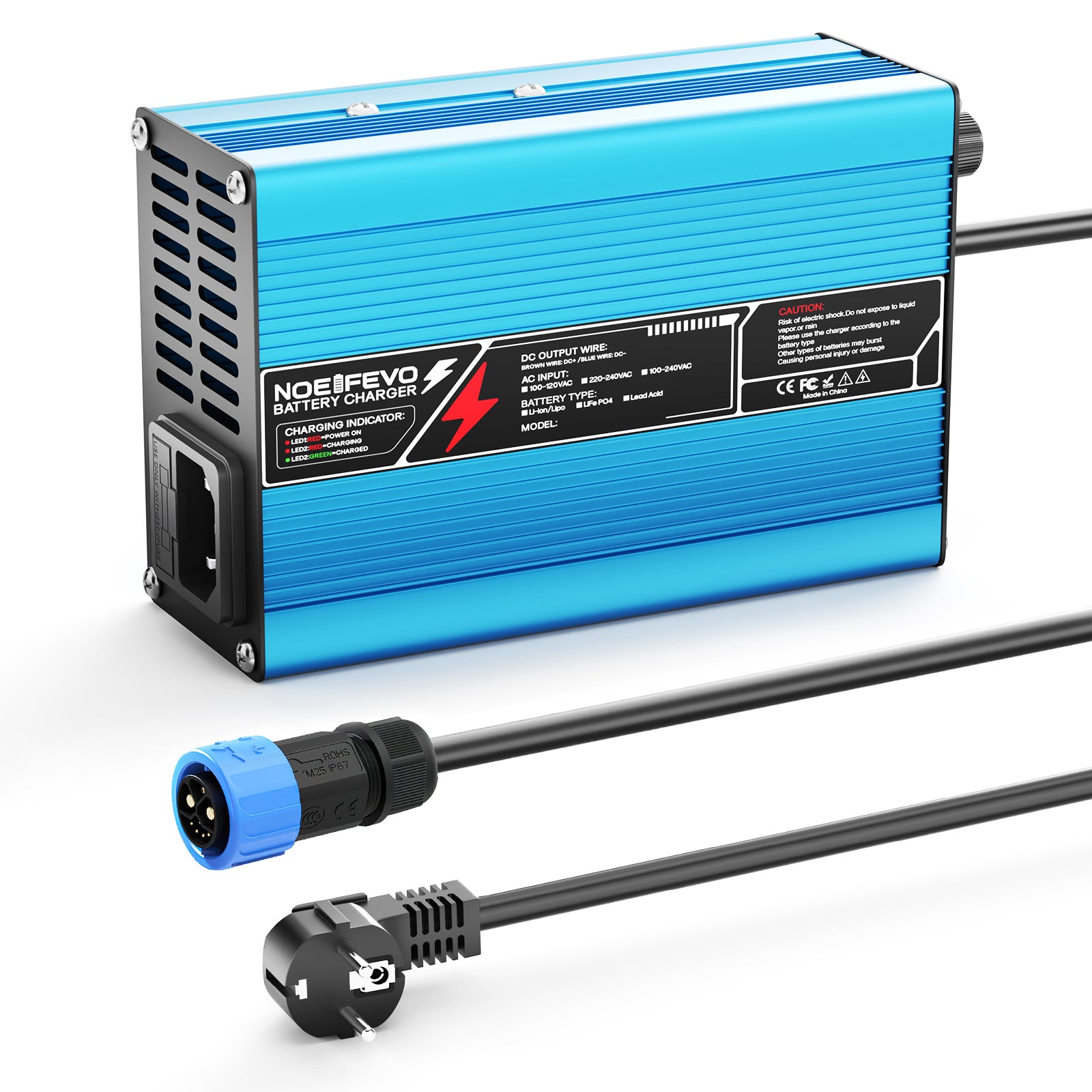 NOEIFEVO 12,6V 10A Caricabatterie Litio per batterie Li-Ion Lipo 3S 11,1V, ventilatore di raffreddamento, spegnimento automatico (BLU)