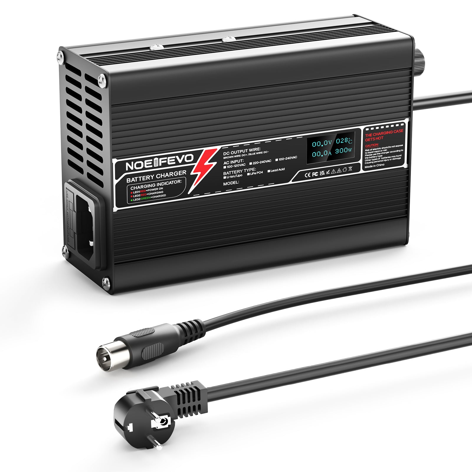 NOEIFEVO 50.4V 5A caricabatterie al litio per batteria Li-Ion LiPo 12S 44.4V, caricabatterie per bici elettrica e monopattino, display LED, corpo in alluminio