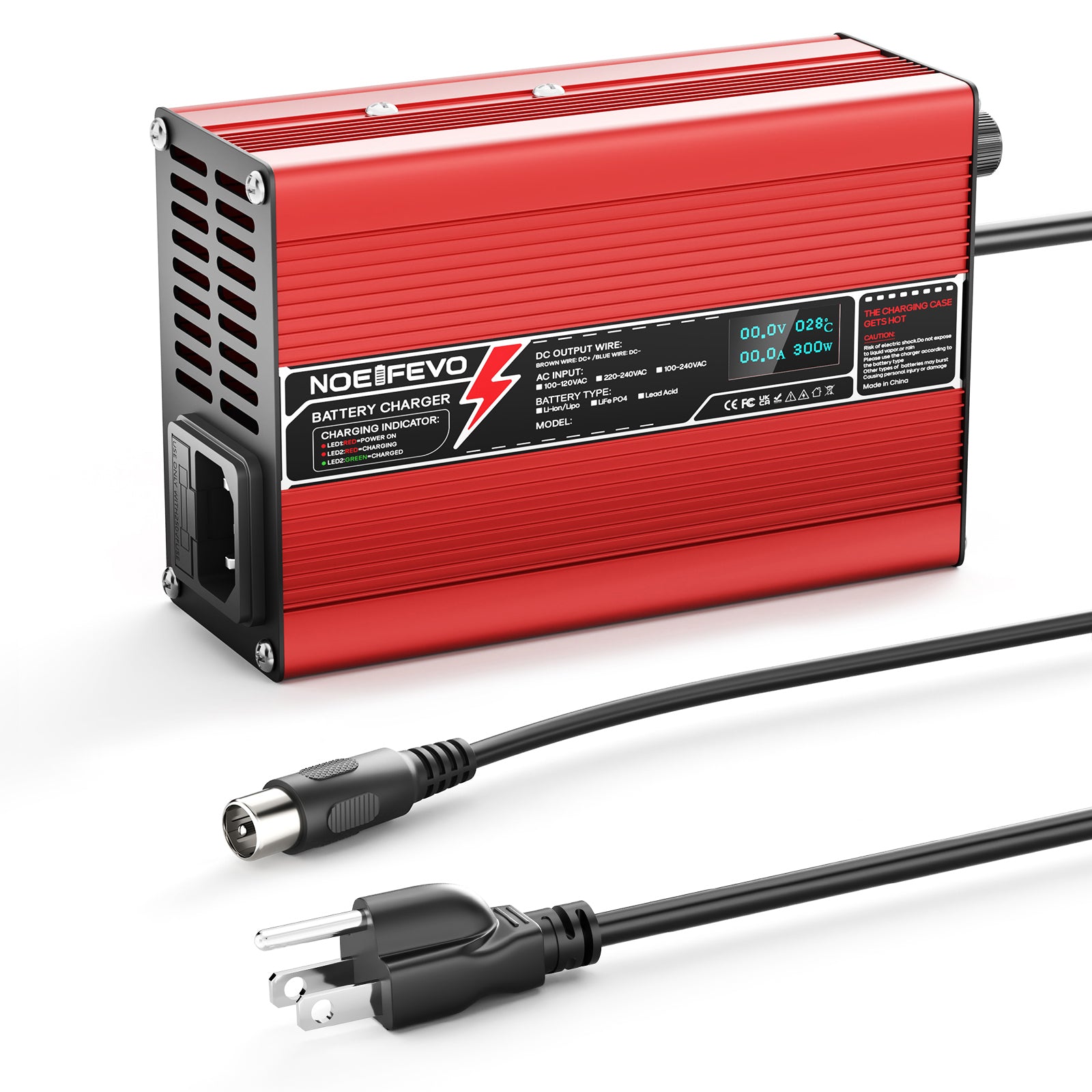 Caricabatterie NOEIFEVO 58.4V 2A 2.5A 3A LiFePO4 per batteria 16S 48V 51.2V LiFePO4, con display LCD, ventilatore di raffreddamento, spegnimento automatico (ROSSO)