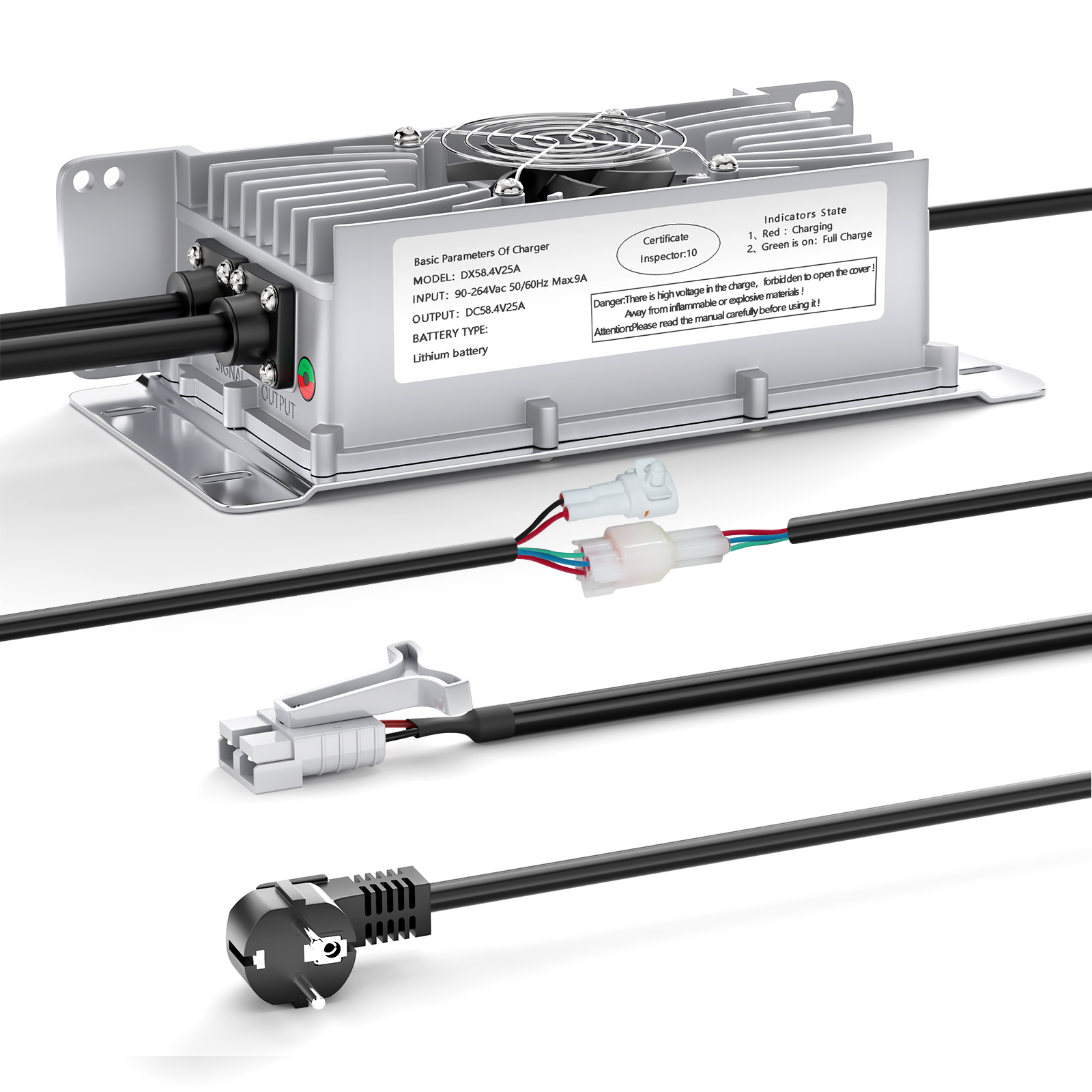 NOEIFEVO 48V 25A Lithium-Lifepo4 Batteriladdare, 58,4V Laddningsspänning för 48V (51,2V) 16S Batteri, Vattentät, 0V BMS Aktivering, med Låskabel för Elektriska Fordon, E-cyklar och Golfbilar