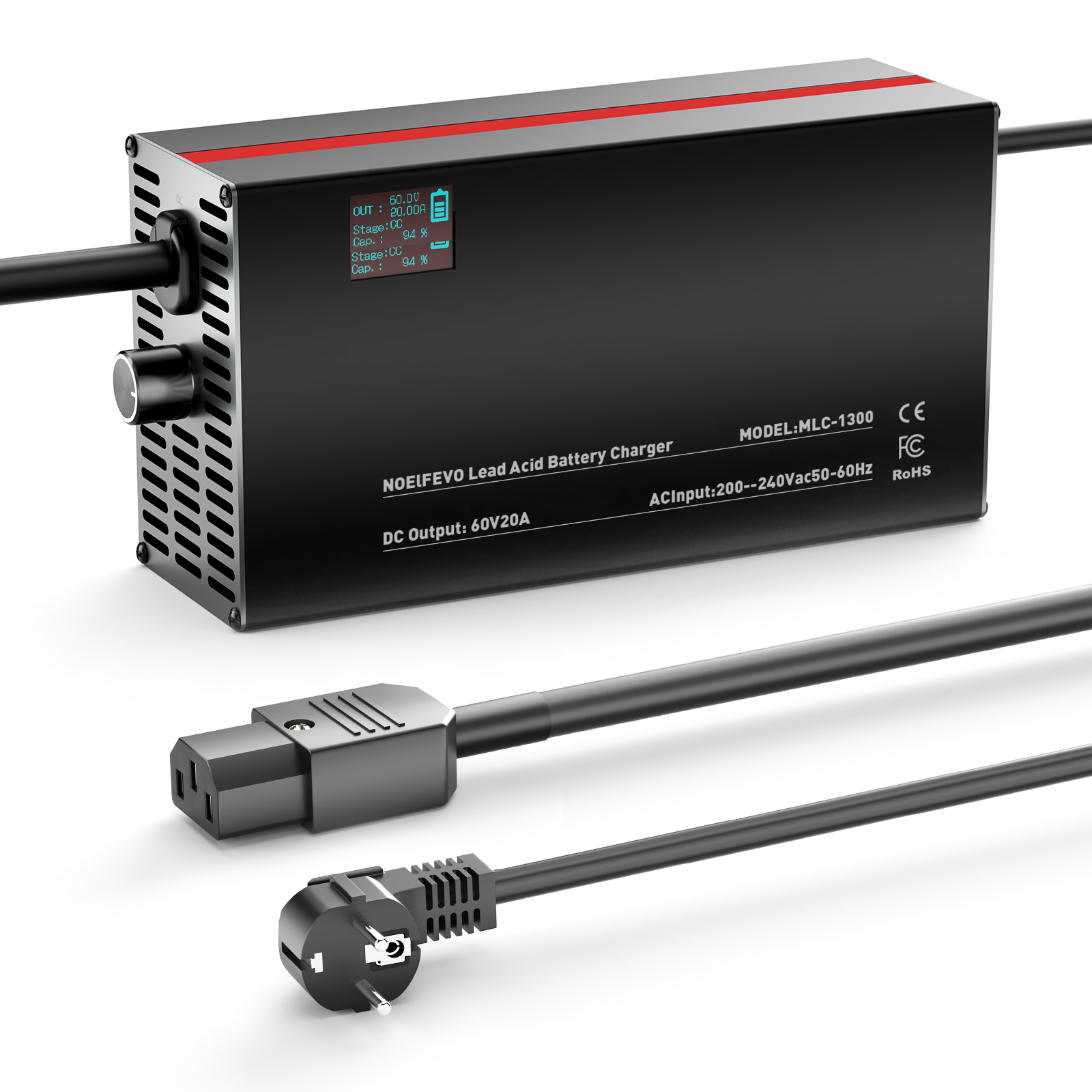 NOEIFEVO 60V 2A-20A Caricabatterie Regolabile per Batterie al Piombo, AGM, Gel, Caricabatterie per Golf Cart, con Display LED

