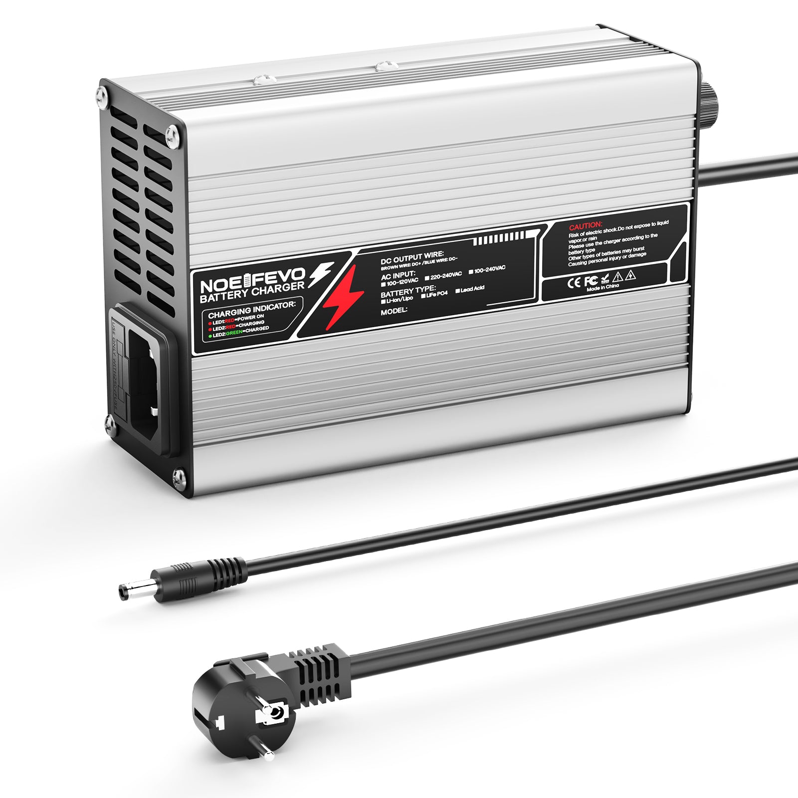 NOEIFEVO 27.6V-29.4V 2A 4A 5A Caricabatterie per batterie al piombo per batterie al piombo 24V, con ventilatore di raffreddamento, spegnimento automatico