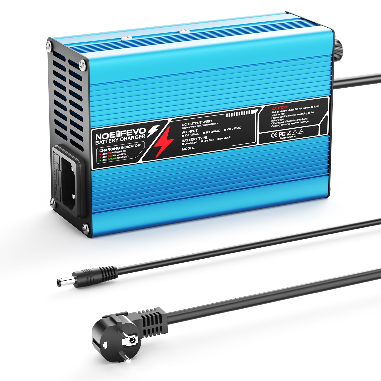 NOEIFEVO Cargador de batería de litio 42V 2A 3A 3.5A 4A para baterías 10S 37V Li-Ion Lipo, con ventilador de refrigeración, apagado automático (AZUL)