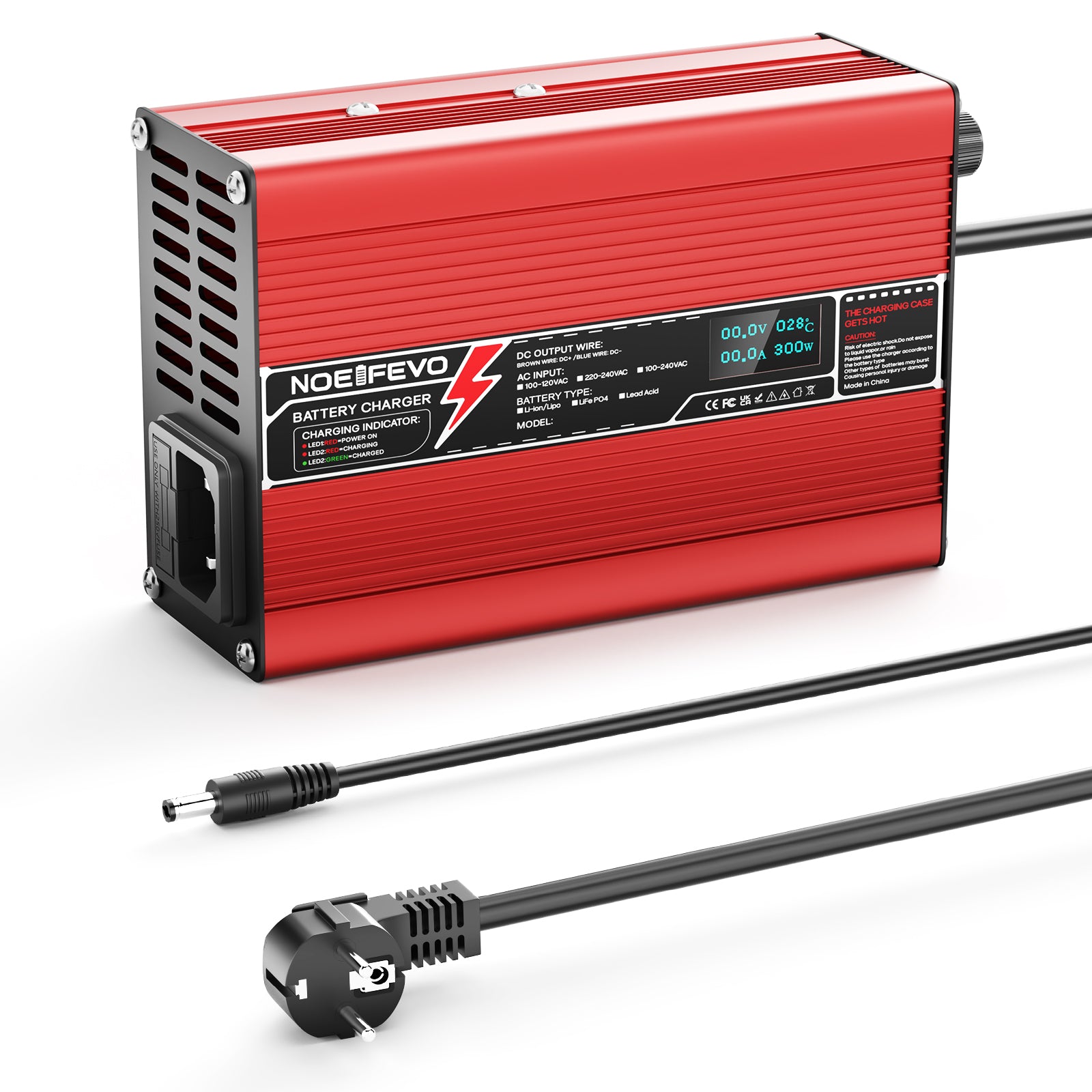 NOEIFEVO 50.4V 2A 2.5A 3A Caricabatterie per batterie al litio 12S 44.4V Li-Ion Lipo, con ventola di raffreddamento e spegnimento automatico (ROSSO)