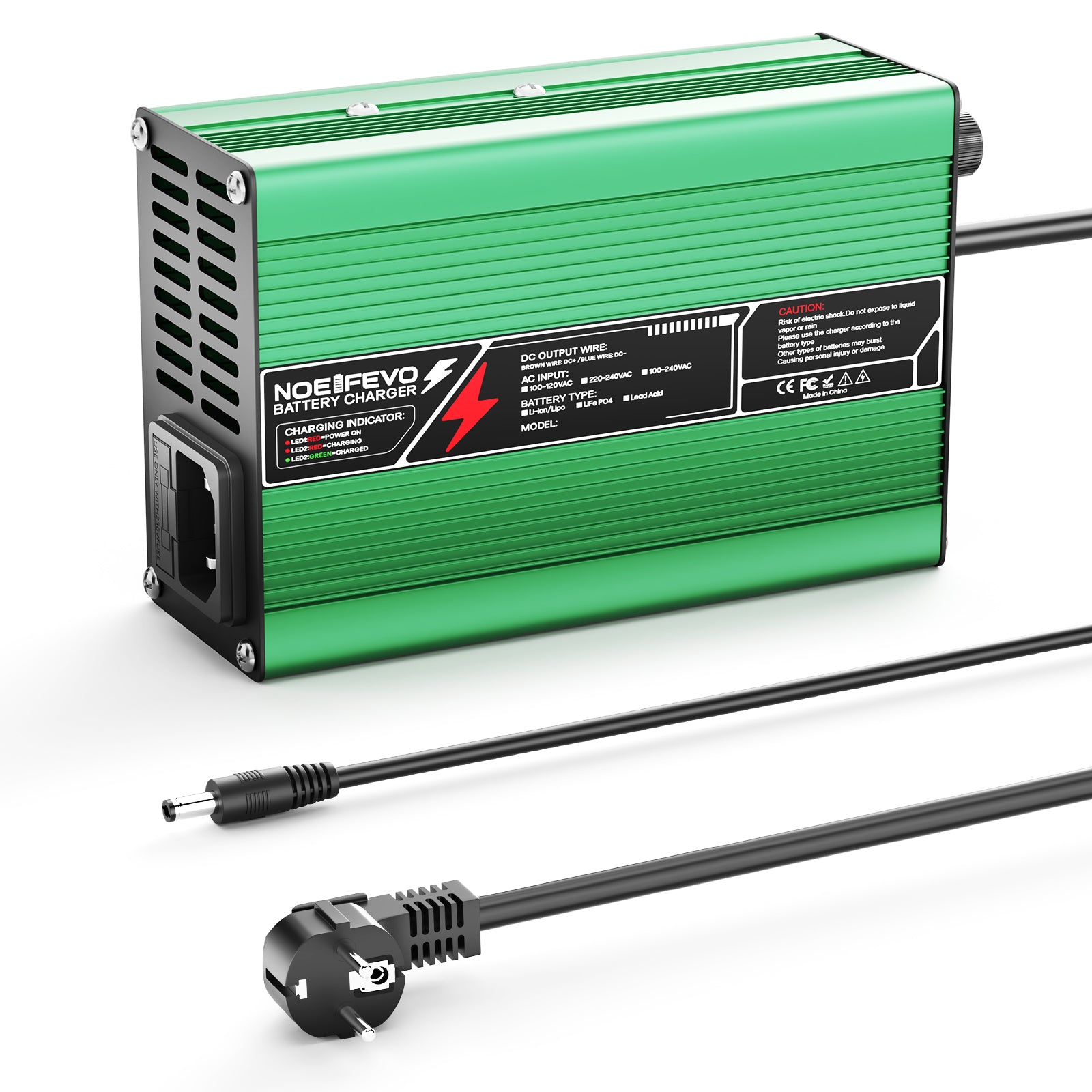 NOEIFEVO 33.6V 2A 3A 4A 5A Caricabatterie al Litio per Batterie Li-Ion Lipo 8S 29.6V, Ventola di Raffreddamento, Spegnimento Automatico (VERDE)
