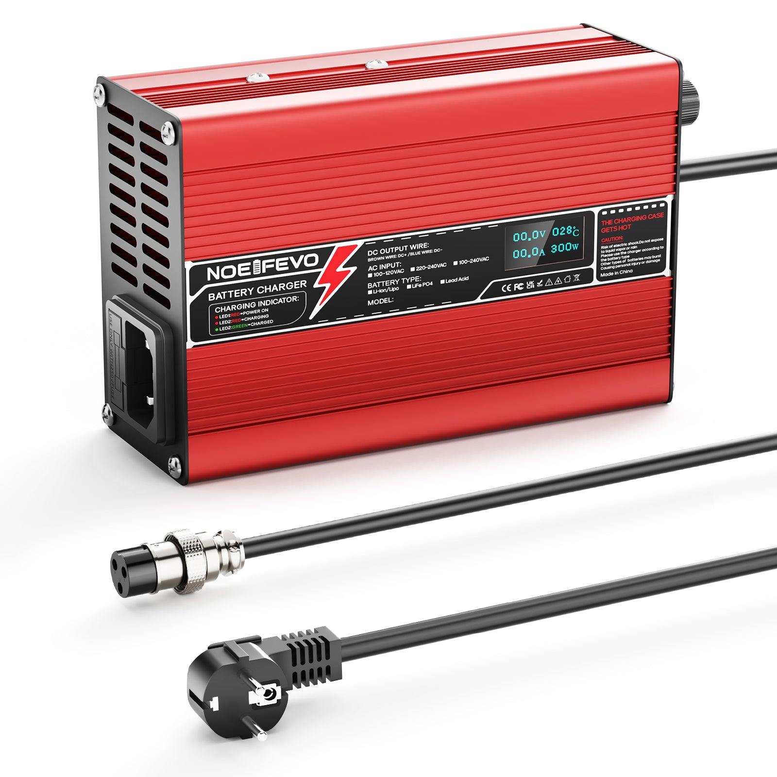 NOEIFEVO 42V 2A 3A 3.5A 4A Caricabatterie al Litio per batterie Li-Ion Lipo 10S 37V, Ventola di raffreddamento, Spegnimento automatico (ROSSO)