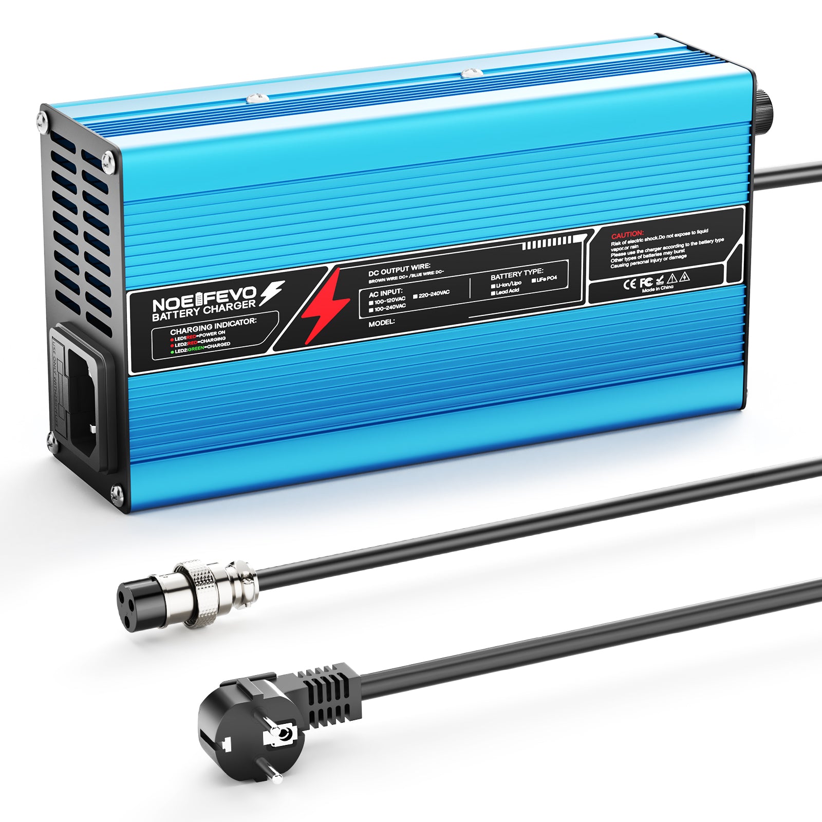 NOEIFEVO 42V 10A 10S Lithium-batterijlader, voor 10S 37V Li-Ion batterij, automatische uitschakeling, aluminium behuizing, met ventilator (blauw)