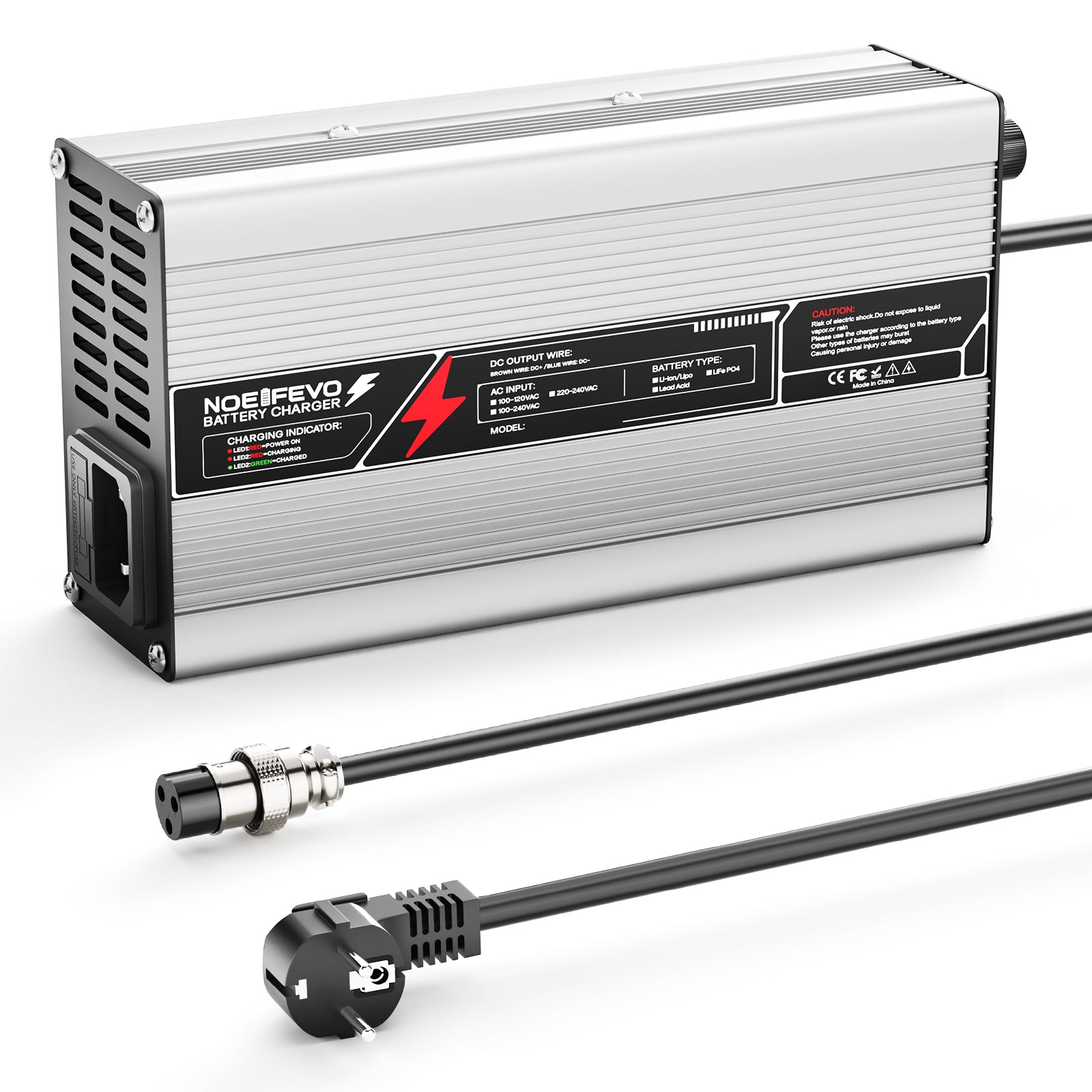 NOEIFEVO 54,75V 8A caricabatterie LiFePO4 per batteria 48V 15S, spegnimento automatico, involucro in alluminio con ventola (Argento)