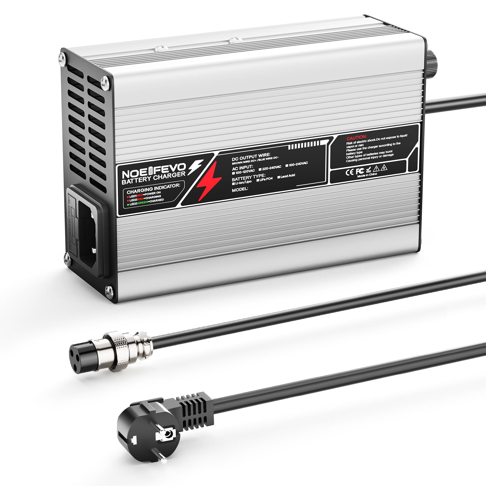 NOEIFEVO Caricabatterie al Litio 42V  2A 3A 3.5A 4A per Batterie Li-Ion Lipo 10S 37V, Ventola di Raffreddamento, Spegnimento Automatico